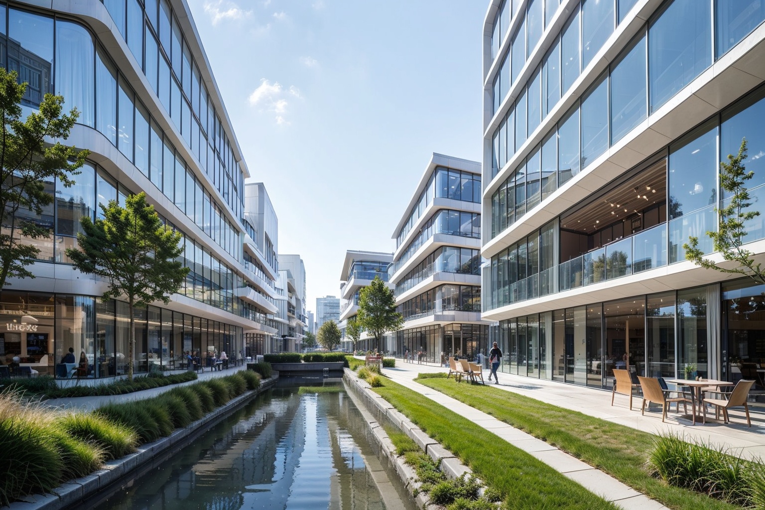 this is a curved building,gradient texture,(Curved concrete:1.1),building,outdoors,Transparent glass,tree,sky,water,grass,day,blue sky,reflection,scenery,