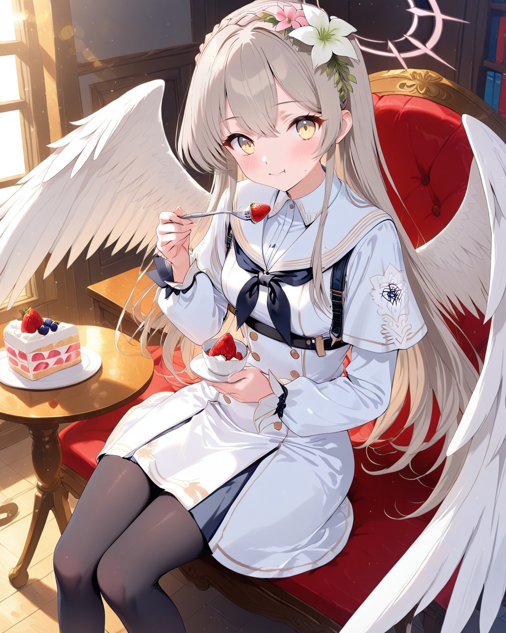 nagisa (blue archive),O,nagisa (blue archive),1girl, solo, food, hair flower, halo, flower, long hair, hair ornament, sitting, holding food, holding, wings, dress, fruit, looking at viewer, neckerchief, hair between eyes, long sleeves, black neckerchief, sailor collar, eating, bangs, yellow eyes, white dress, grey hair, table, white sailor collar, cake, white flower, feet out of frame, blue neckerchief, feathered wings, pantyhose, black pantyhose, strawberry, white wings, closed mouth,(UHD),anatomically correct,accurate,textured skin,super detail,high details,award winning,best quality,high quality,retina,HD,16k,1080P,