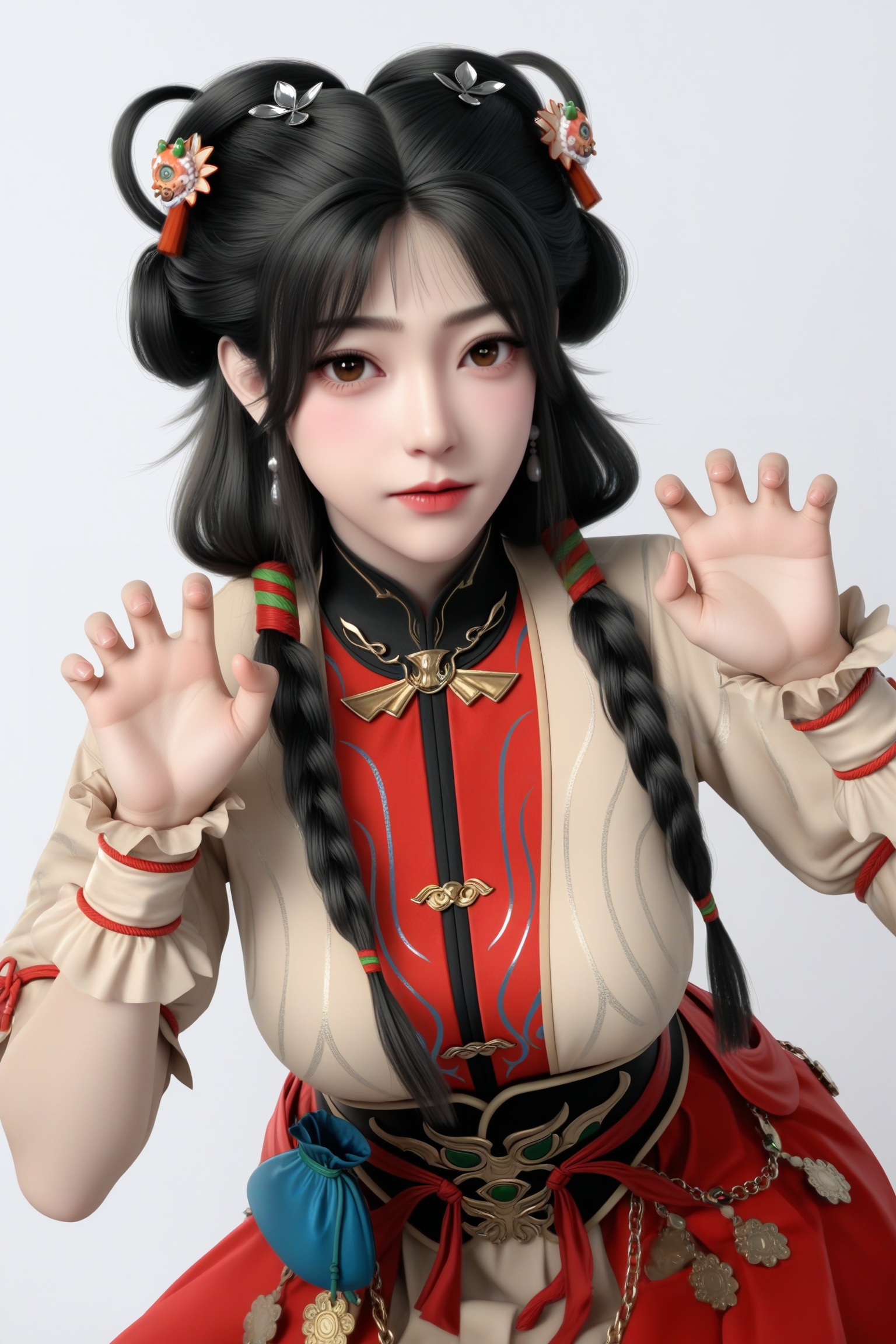 masterpiece,best quality,absurdres,highres,mature female,glamor,(slender:1.1),solo,<lora:金玉环-ill:0.83>,jingyuhuan,multi-tied hair,hair ornament,long hair,black hair,twin braids,braided hair rings,earrings,grey yes,brown_pupils,light blush,BREAKhigh collar,puffy short sleeves,waist belt,waist sash,ornate belt,high-waist skirt,long skirt,blue pouch,wrist cuffs,gold chain,looking at viewer,(front view),paw_pose,(claw_pose:1.1),BREAK(white_skin:1.1),(fair_skin:1.1),realistic,simple background,white background,