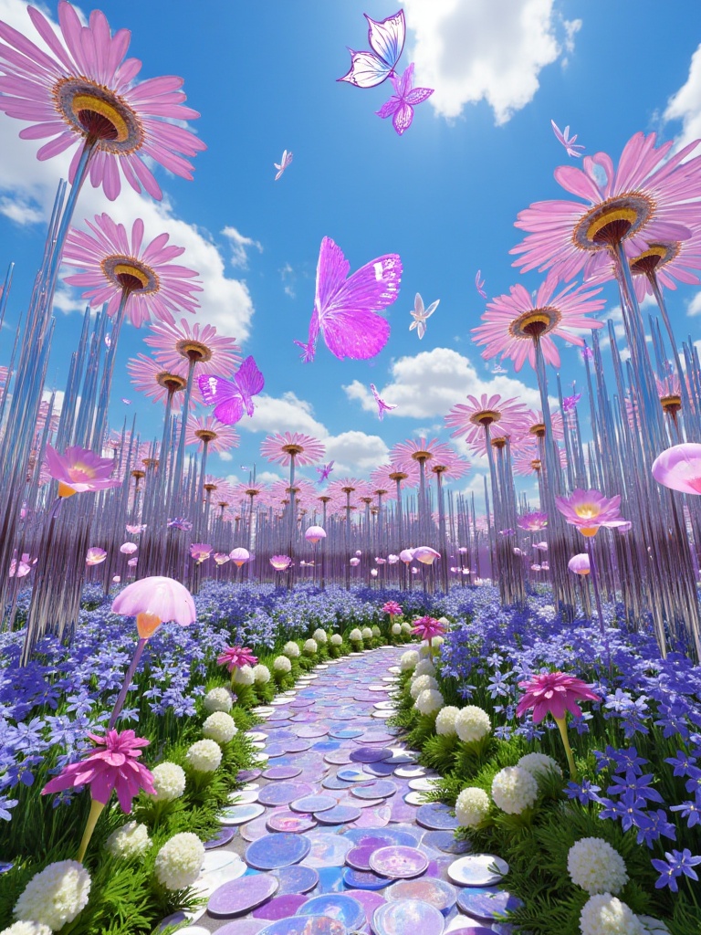 Surrealist digital garden where plants are made of flowing chrome and glass,  flowers bloom into tiny screens displaying Y...