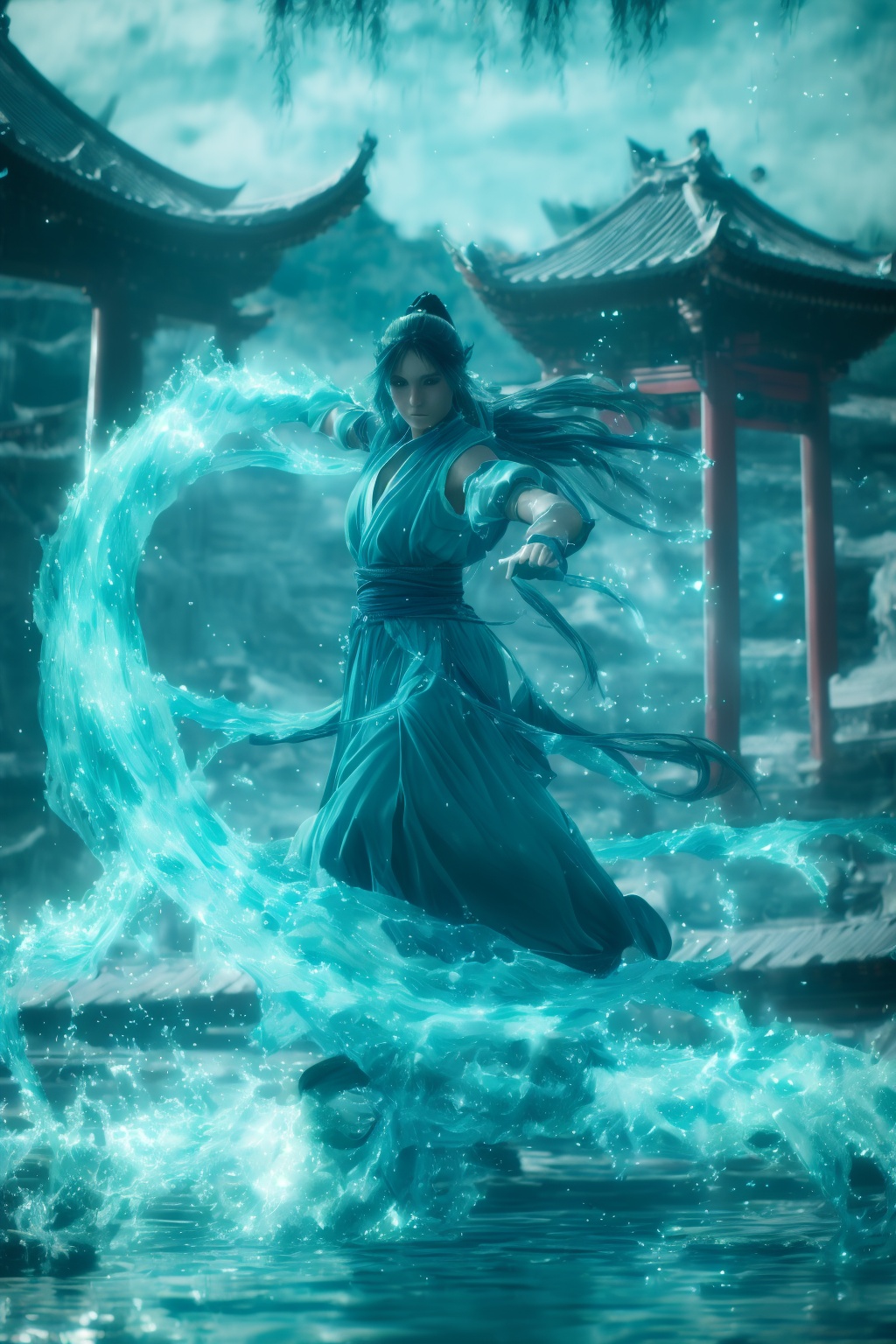 fighting stance,dancing,ancient-costume,cyan-aura,using cyan-water-magic,cyan-water-magic,using cyan-magic,cyan-magic,1girl,solo,long hair,blue eyes,<lora:magic_fighting_cyan_512_dreamshaper_8_3:1>,