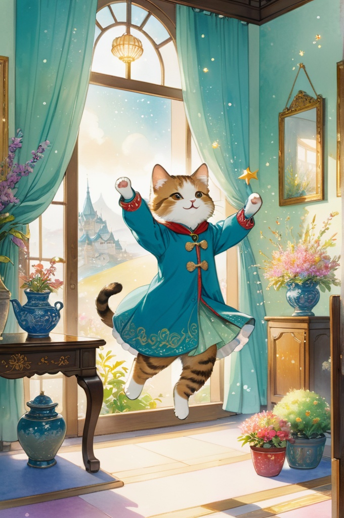 cat playing,dance,raise a hand,jump,indoor,fluffy cat,Little,cute,Futebutesi,fun,happiness,Fashionable scenery,glitter effect,celebration,fantasy,randolph caldecott style,enlightenment,watercolor painting,Gentle shades, super detail, highres, (panoramic, Ultra high saturation, bright and vivid colors), (best quality, masterpiece, Representative work, official art, Professional, 8k)