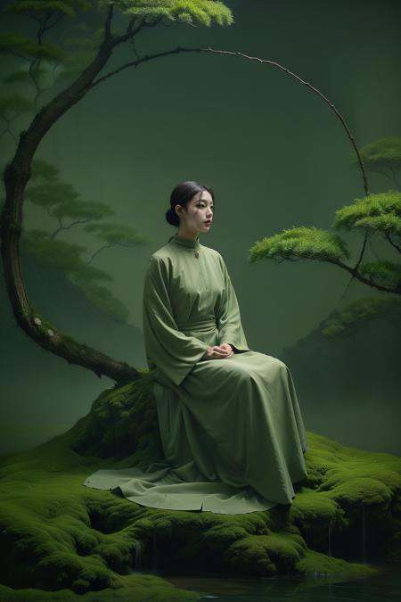 photorealistic,realistic,photography,masterpiece,best quality,ultra-detailed,1girl,moon,<lora:绿意冥想:0.7>,water,branch,