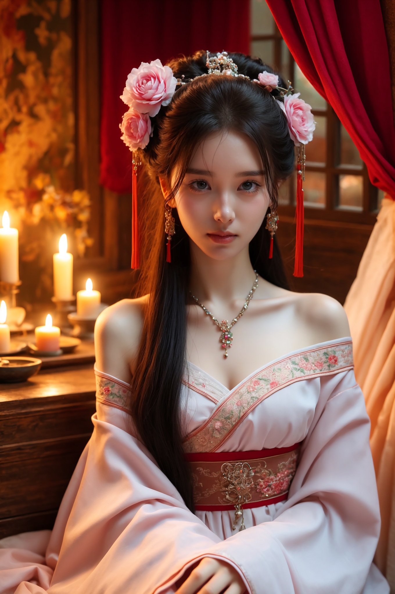 hands_, realistic,1girl, solo, candle, hair ornament, realistic, jewelry, long hair, flower, hair flower, black hair, necklace, looking at viewer, indoors, chinese clothes, sash, earrings, kimono, black eyes, blurry, sitting,off-the-shouldercinematic_lighting,  <lora:kim_嫣月楼_v1:0.85>