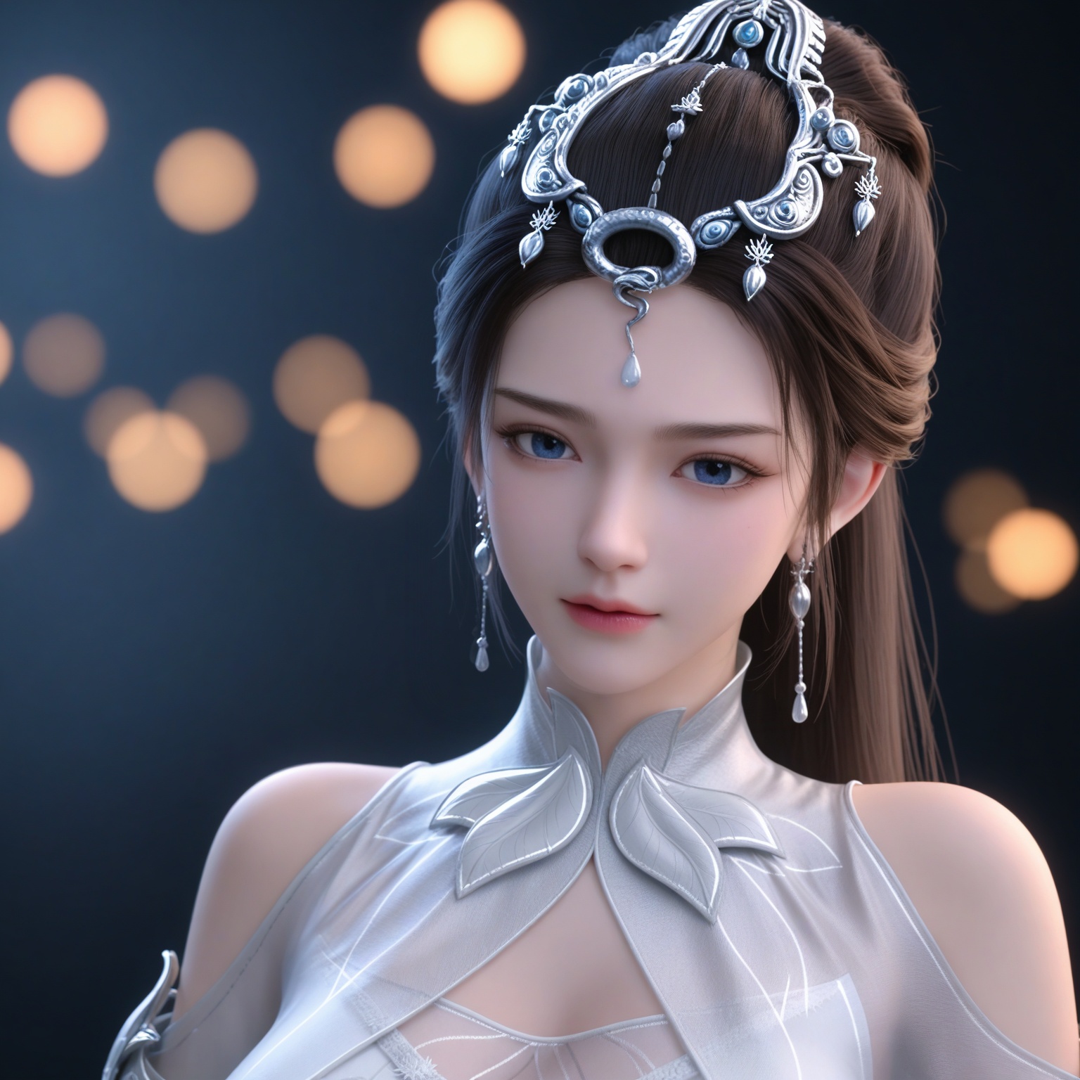 (upper_body:1.1),(huge breasts:0.9),78.<lora:YQponyguxiaosangV2:0.8>,(q1528437228:1.3),1girl,solo,dress,long_hair,white_dress,hair_ornament,jewelry,earrings,black_hair,clothing_cutout,brown_hair,blue_eyes,tiara,ponytail,shoulder_cutout,bare_shoulders,hair_bun,boots,see-through,cape,facial_mark,,blush,(looking_at_viewer:1.1),BREAKintricate details,shiny_skin,solo focus,(blurry background:1.1),(depth of field:1.1),perfect_anatomy,(cinematic lighting:0.9),(volumetric lighting:0.9),(simple background,pure black background,black background:1.1),