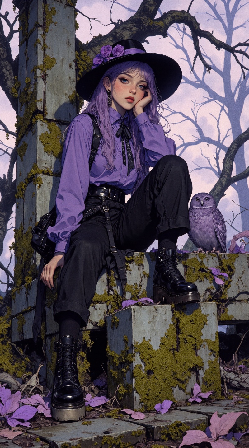 A young woman sits on an abandoned,  moss-covered concrete structure in the foreground. She has long violet hair and wears...