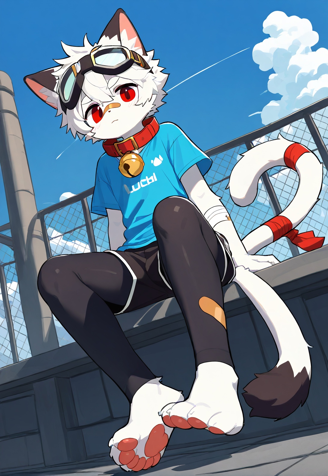 furry,cat boy,1boy,solo,male_focus,(white_hair:0.8),red eyes,[bell on collar,Collar,Cortical collar,Large collar],(blue t-shirt,black_leggings under shorts,black bike_shorts),(barefoot) BREAK dutch angle,vanishing point,sitting on rooftop,(blue sky,cloud,wind),(masterpiece, best quality:1.1),foot focus,goggles on head,bandage on nose,bandage on leg,Tail decoration,cat tail,Open coat,bare,body fur,anthro,<lora:doodle furry:0.5>,