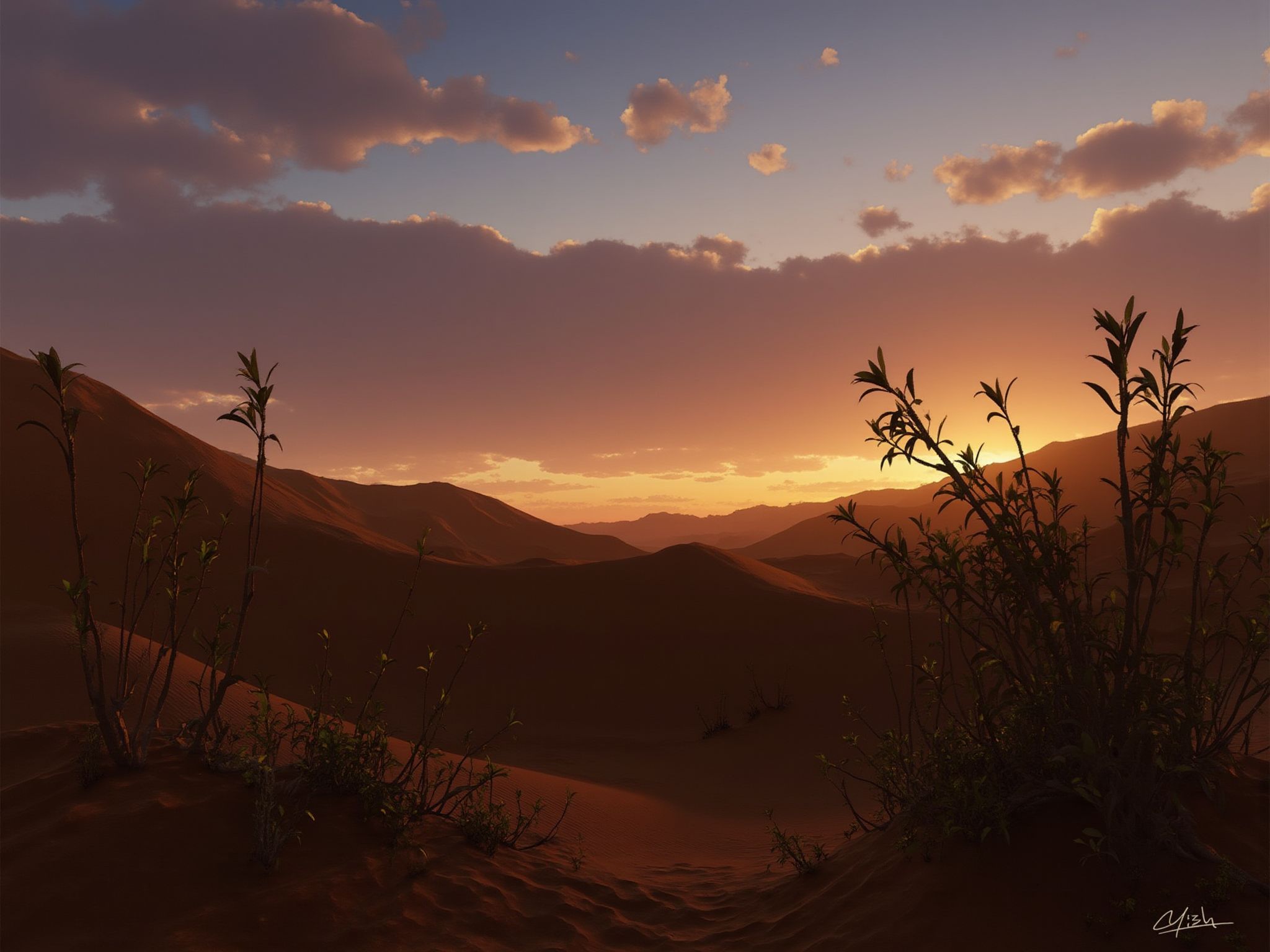 The image depicts a desert landscape at sunrise, with the first light of day casting long shadows across the sand dunes. The sky is a palette of warm colors, and the desert plants are beginning to awaken. The scene is one of stark contrast and the quiet promise of a new day in the desert. <lora:S_BLACKGROUD_:1>