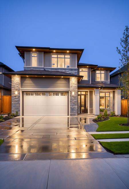 suburban house, dusk, modern architecture, two-story, garage doors, wet driveway, landscaped, front lawn, exterior lighting, clear sky, twilight hues, residential area, paved road, high dynamic range, wide angle, curb appeal, stone accents, window reflections, tranquil scene 