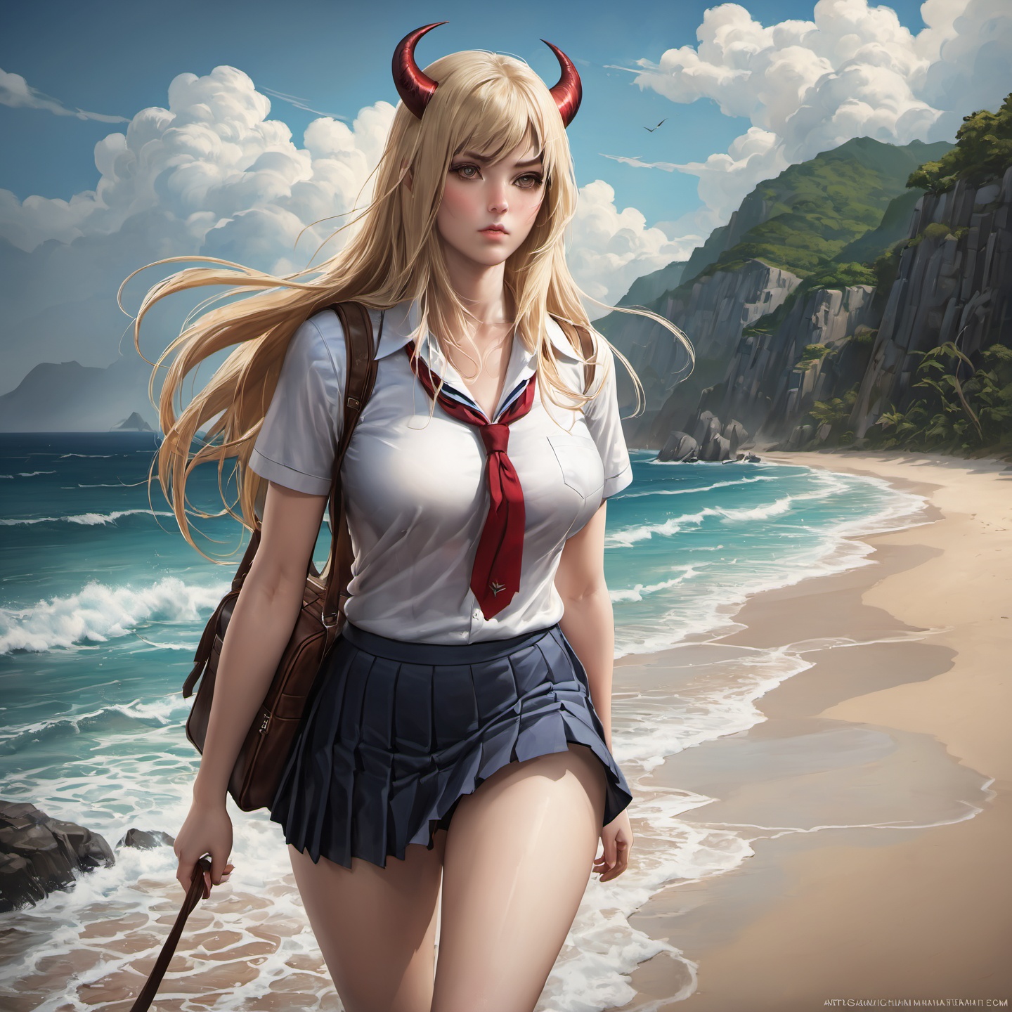 <lora:Artist - Sakimichan:1> Artist - Sakimichan,best quality,highly detailed,masterpiece,ultra-detailed,blonde hair ,long hair,school uniform,demon horns,big breast,mesugaki,expressionless,Bare thigh,Walking on the beach