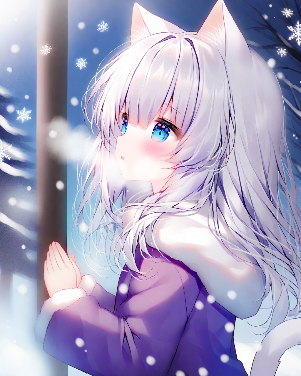 (Best-A:1.1),guo_jiang_mullay,1girl, animal ears, tail, blue eyes, solo, cat tail, cat ears, cat girl, white hair, hood, long hair, animal ear fluff, hood down, outdoors, snow, blush, parted lips, upper body, tree, snowing, winter, snowflakes, fur trim, breath, looking up, hooded jacket, from side