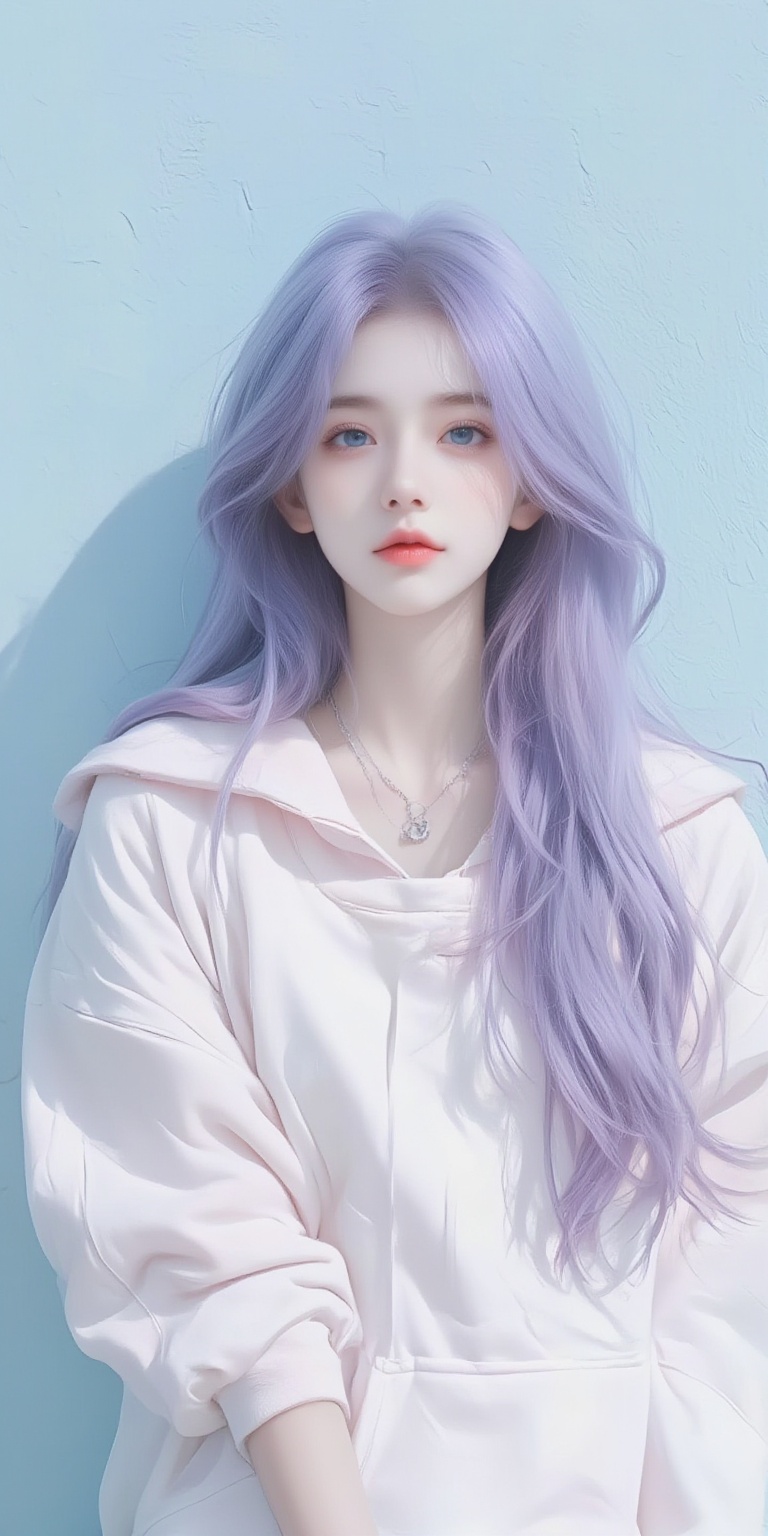 WALLPER,a medium-angle shot of a young Asian girl with long,vibrant purple hair stands in front of a light blue backdrop. Her eyes are a deep blue,and her lips are a vibrant pink. Her hair is cascading down her right shoulder,framing her face. She is wearing a light pink hoodie,adorned with a silver chain around her neck,adding a pop of color to her outfit. The backdrop is a stark light blue,creating a stark contrast to the girl's purple hair.,