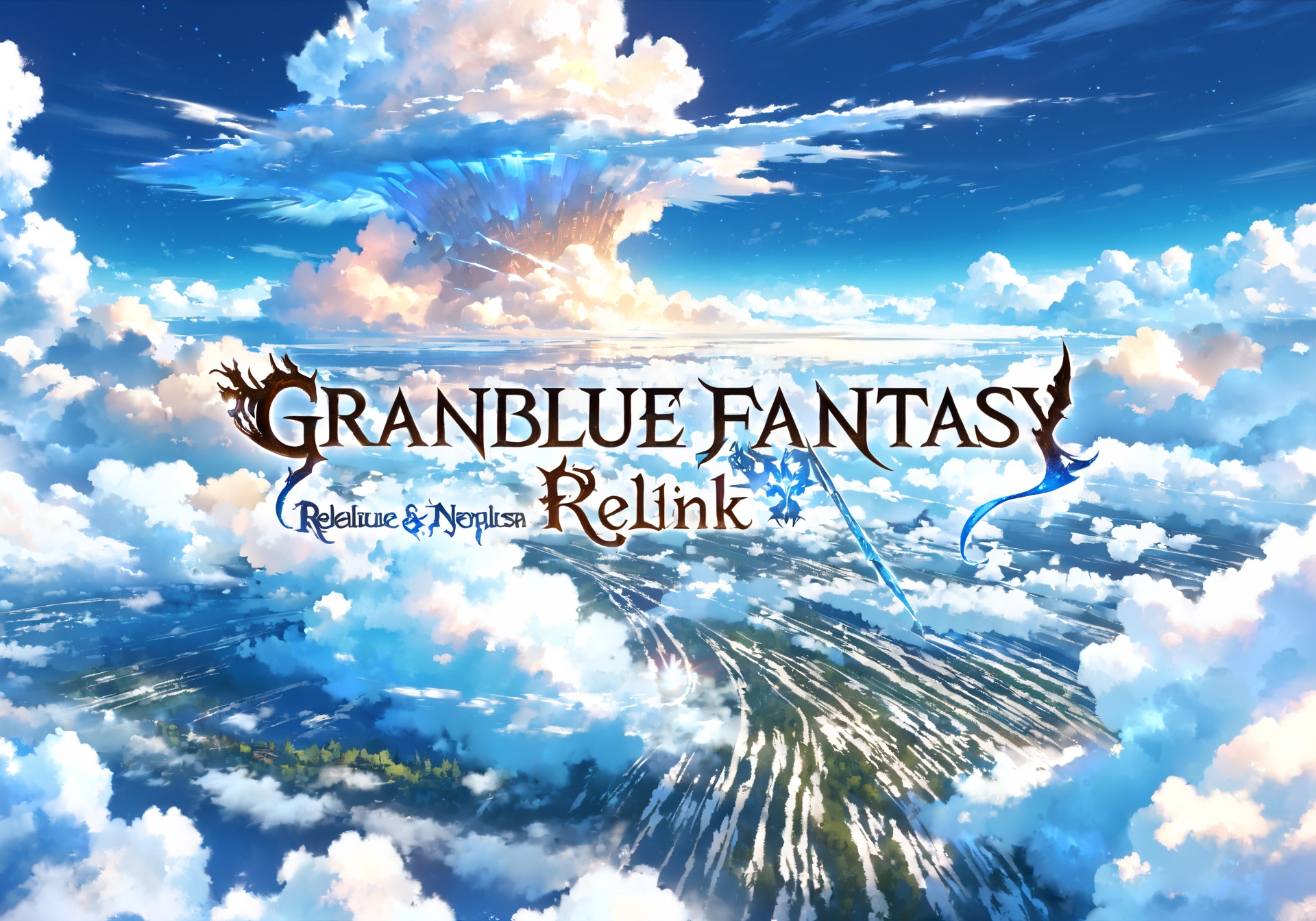 8k, best quality, masterpiece, (ultra-detailed),<lora:GBFV1-A3-Tanger-000013:0.75>,cloud, sky, scenery, day, copyright name, no humans, blue sky, outdoors, cloudy sky, english text,english title,english text:"Granblue Fantasy: Relink", above clouds, reflectionfull_shot,