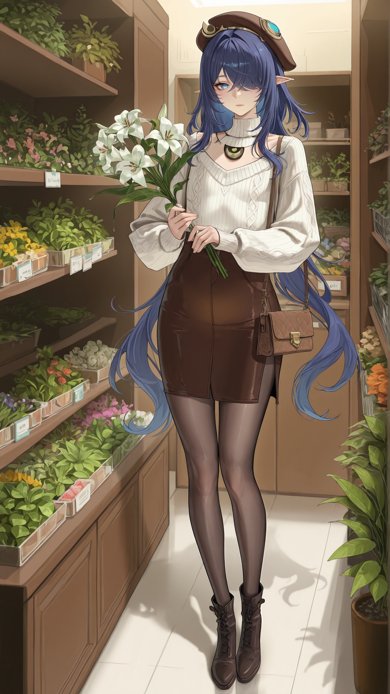 masterpiece,best quality,amazing quality,<lora:lauma_(genshin_impact)-000018:0.8>,lauma \(genshin impact\),1girl,pointy ears,hair over one eye,blue eyes,blue hair,<lora:20250808-1754650692631:0.8>,zhigan3d,1girl,solo,jewelry,looking at viewer,1girl,solo,warm_winter_style,flat chest,cream_high_neck_sweater,ribbed_texture,brown_corduroy_midi_skirt,A-line_skirt,black_ankle_boots,thick_tights,woolen_beret,small_leather_handbag,holding_flower_bouquet,standing_at_flower_stand,flower_shop,fresh_roses,lilies (on shelf),green_leafy_plants,soft_store_light,daytime,floral_scent (implied),gentle_expression,