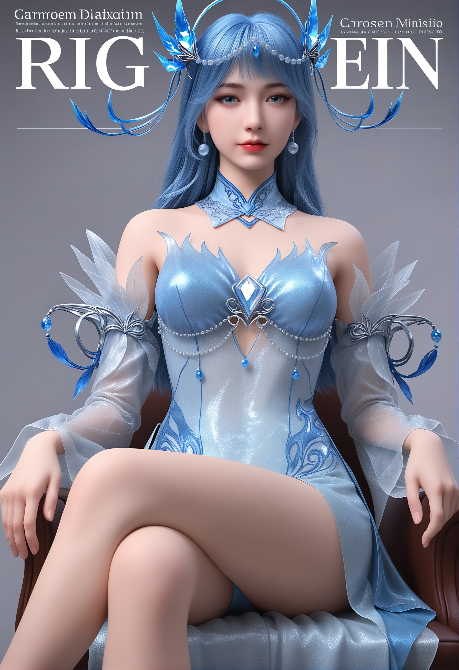 score_9,score_8_up,score_7_up,1girl,solo,realistic,sitting,(crossed_legs:1.3),(looking at viewer:1.1),1girl,solo,realistic,dress,blue dress,white dress,see-through,long sleeves,hair ornament,feather trim,detached sleeves,detached collar,clothing cutout,realistic,jewelry,tiara,collar,earrings,realistic,(green_background:1.2),(transparent_background:1.2),(simple background:1.1),depth_of_field,night,1girl,solo,realistic,(mature face:1.4),big eye,(pale_skin:1.1),shiny_skin,slender face,long hair,blue hair,blue eyes,eyelashes,red lips,bare shoulders,closed mouth,realistic,(grey background:1.2),solid background,gradient_background,(magazine cover theme:0.95),(white chair:0.8),medium breasts,<lora:小巳-蓝仙pony:0.85>,