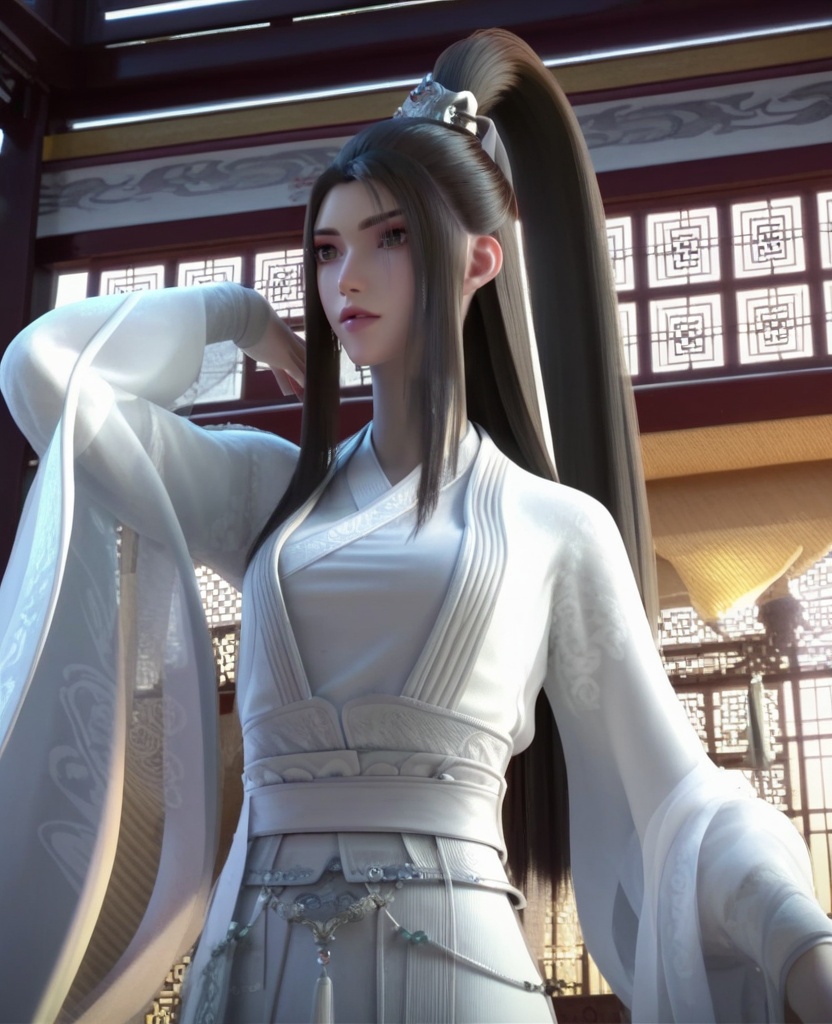 (oriental architecture, elegant decor, sophisticated style:1.1),(diving:1.1),(breasts:1.2),<lora:XL16永生方清雪:0.95>,miss fangqingxue,see-through overdress with embroidery,white chinese clothes,black hair,half-up ponytail with long cascading hai,very long hair,wide flowing sleeves,white hagoromo,, score_9,score_8_up,score_7_up,score_6_up,score_5_up,score_4_up,3d rendering,tag1,tag2, Cinematic Lighting,backlighting,