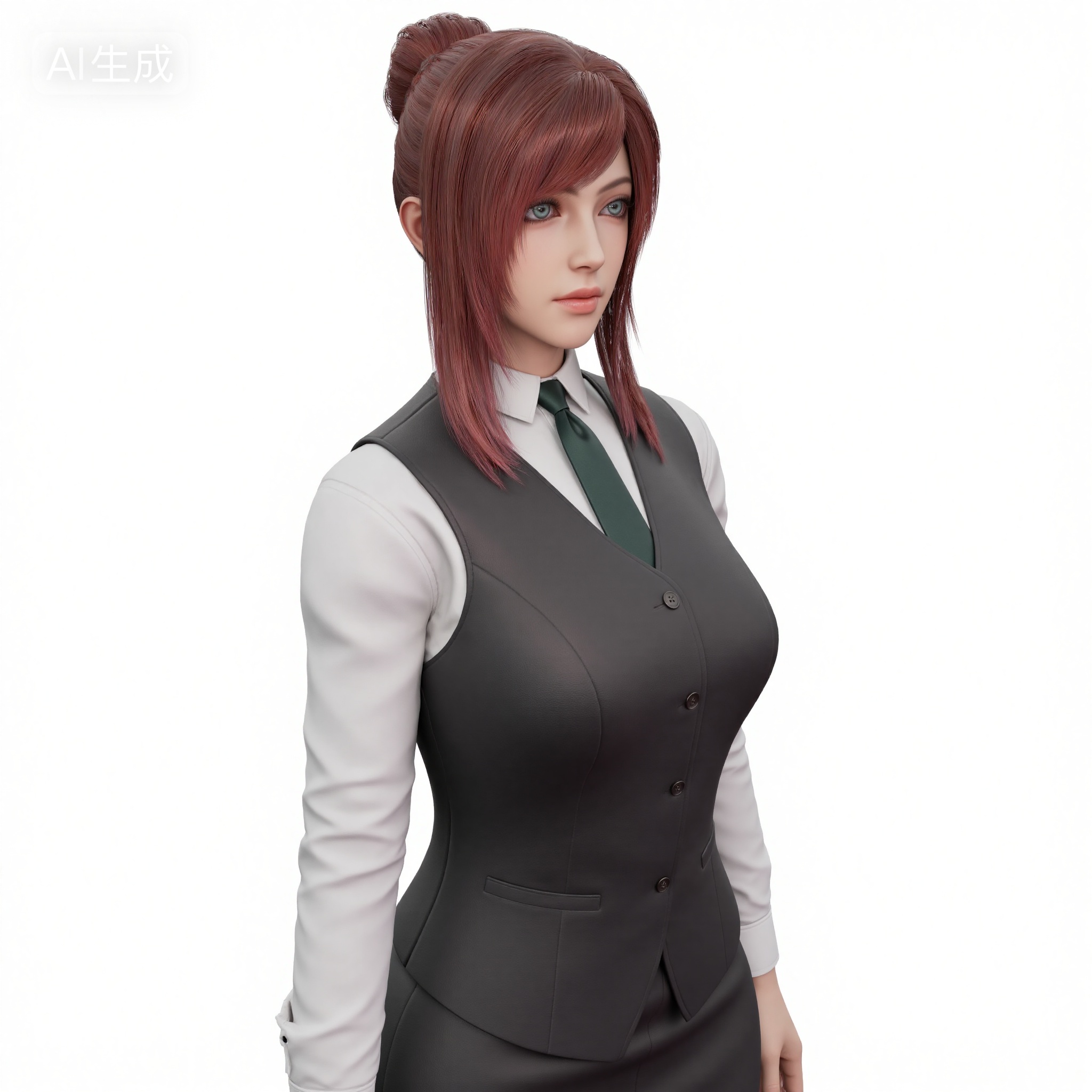 mimi,ChengSisi, long reddish-brown hair with bangs in a high bun, vibrant teal eyes, wearing a white collared shirt, dark grey vest with decorative buttons, dark green tie, and grey skirt, neutral expression, upper body portrait, clean white background, soft studio lighting, 4K, highly detailed, Negative prompt: ng_deepnegative_v1_75t,(badhandv4:1.2),EasyNegative,(worst quality:2),,nsfw, Steps: 30, Sampler: Euler, CFG scale: 3.5, Seed: 1729317120, Size: 1024x1024, Model hash: 0734f0ab2a, Model: F.1 模型下载版-黑暗森林工作室_fp16.sft, Denoising strength: 0.4, RNG: CPU, Lora 1: 20251109-1762710084752-0010, Lora Hash 1: 0fa023f507, Lora Weight 1: 0.8, Lora 2: 金宝-F.1-妆容.美颜.磨皮。三合一, Lora Hash 2: 9fa9e2a424, Lora Weight 2: 0.25, Lora 3: 去油光真实皮肤人像, Lora Hash 3: cac268c67e, Lora Weight 3: 0.3, vae_name: automatic, Hires resize: 2048x2048, Hires steps: 30, Hires upscaler: 4x-UltraSharp