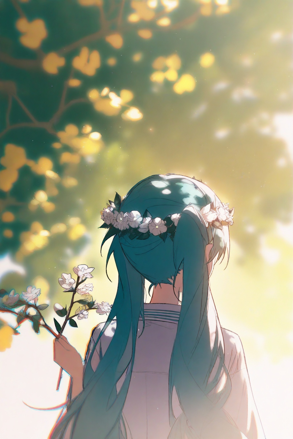1girl,absurdres, blurry, branch, chromatic aberration, commentary, dappled sunlight, day, flower wreath, from behind, hand up, hatsune miku, head wreath, highres, holding, holding branch, light particles, long hair, looking down, project sekai, sidelighting, solo, sunlight, upper body, vocaloid <lora:kocil_cyan-000015:1>