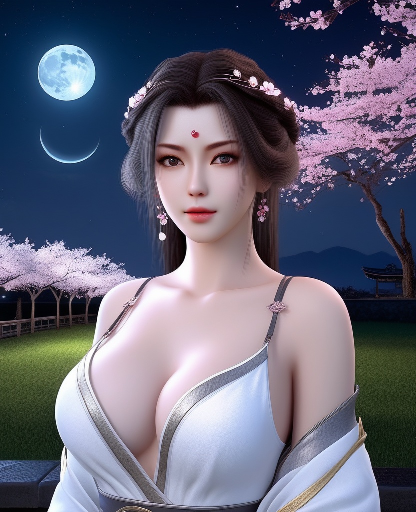 <lora:592-DA-XL-星辰变-姜立:0.8>(,1girl, ,best quality, ),looking at viewer,masterpiece,(( , )),, realistic,science fiction,mole,,ultra realistic 8k cg,     ,cherry blossoms,,night, night sky, crescent moon, moonlight,,(facing viewer, looking at viewer, , ),  (cleavage), (),