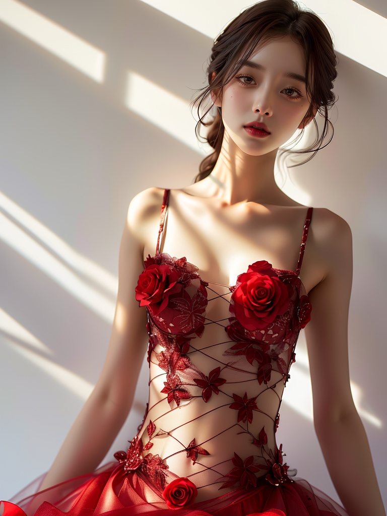 A photograph capturing a long shot of a Chinese girl in a realistic full-body pose,wearing a red rose-patterned bustier dress,lit by sunlight,on a white background,<lora:Rose Girl:0.8>,full_shot,plump,<lora:FashionGirl:0.3>,, (((masterpiece))), (((best quality))), ((ultra-detailed)), Hyper Real,Photorealistic,16K,high detail,high,resolutionBest quality, masterpiece, ultra high res, (photorealistic:1.4), raw photo,
