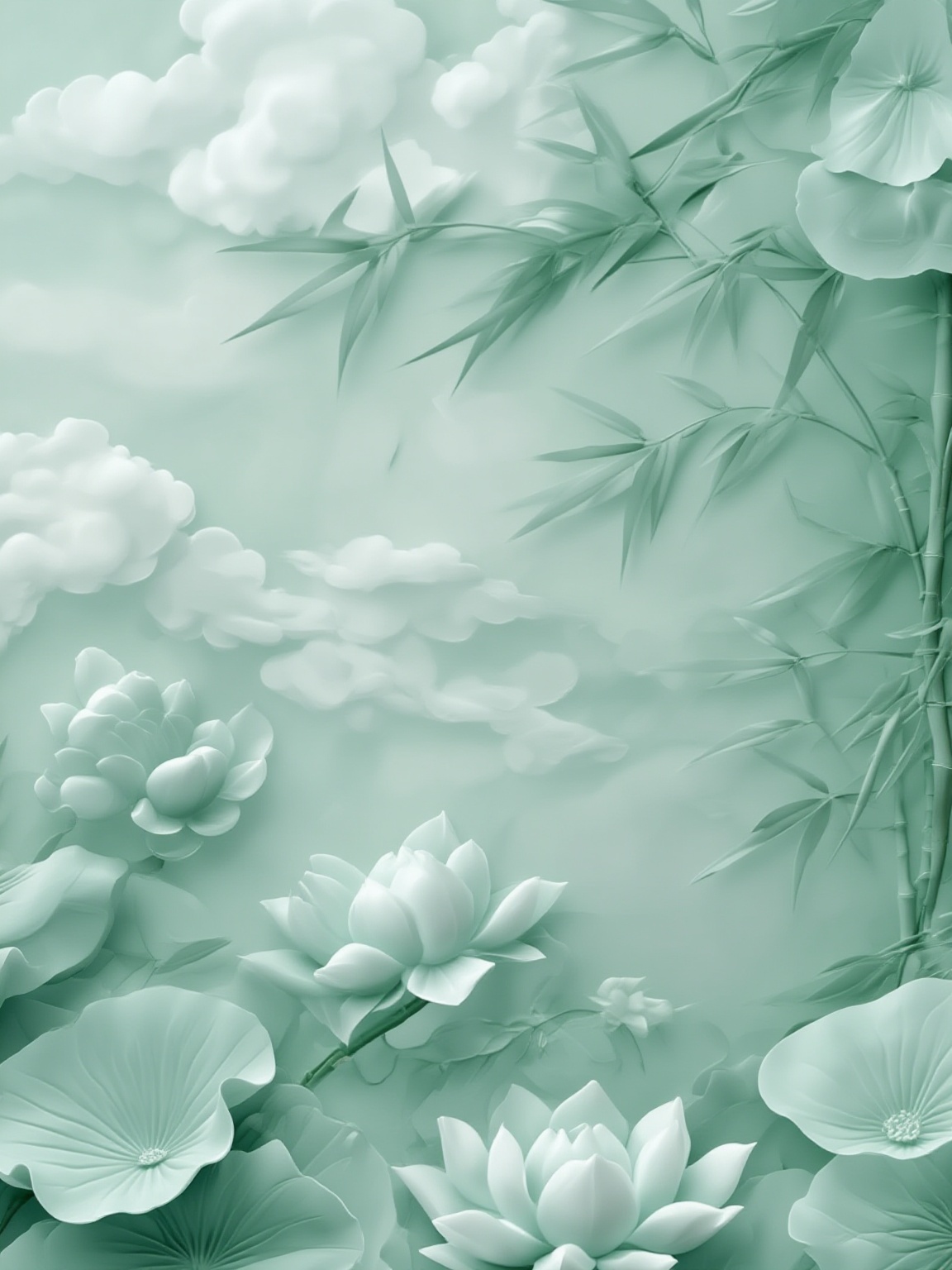 The image is a digitally created artwork depicting a serene, ethereal scene. The artwork features a minimalist style with a calming color palette dominated by soft, pastel green hues. The background is a gradient of light to dark mint green, giving the impression of a misty, dreamlike atmosphere. In the foreground, delicate, stylized bamboo shoots with slender, curved stalks and slender leaves rise from the right side, adding a sense of elegance and natural beauty. The bamboo is intricately detailed, with each stalk and leaf rendered in a smooth, almost translucent manner, suggesting a delicate, almost ethereal quality.In the middle ground, large, lotus flowers are depicted in varying stages of bloom, their petals gracefully unfolding and unfurling in a gentle, fluid motion. The lotus flowers are rendered in a similar smooth, translucent style, emphasizing their delicate beauty. The background is filled with softly rendered clouds, some resembling fluffy cotton candy, floating gracefully in the misty green sky. The clouds are depicted in a similar smooth, translucent style, contributing to the overall dreamy, serene feel of the artwork. The overall effect is one of tranquility and harmony, with a focus on natural elements and a peaceful, harmonious aesthetic. <lora:886261:1>