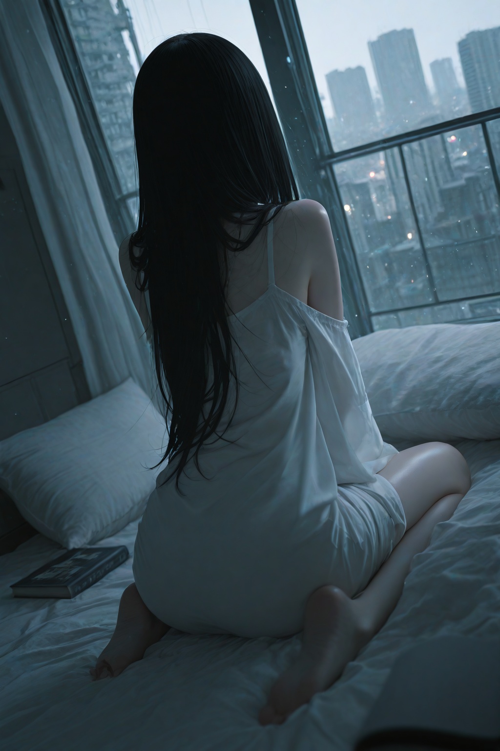 masterpiece,best quality,amazing quality,very aesthetic,absurdres,newest,in the style of fashion photography,light particles,cinematic lighting,Visual impact,sharp focus,Emotionalization,depth of field,dynamic pose,dutch angle,extreme aesthetic,scenery,1girl,solo,long hair,black hair,bare shoulders,sitting,barefoot,from behind,pillow,book,window,building,city,cityscape,yamamura sadako,