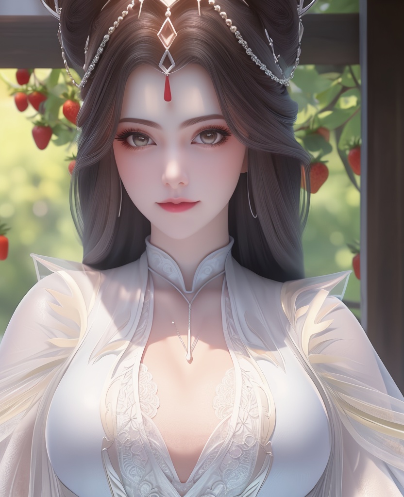 <lora:557-DA-百炼成神-玉婆婆:0.8>(,1girl, ,best quality, ),looking at viewer,masterpiece, (( , )),ultra realistic 8k cg, ,    ,cleavage,strawberry blossoms,lace , (cleavage), (),