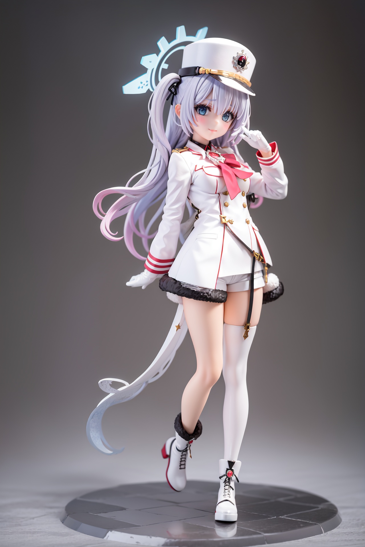 pvc style,(masterpiece:1.3), (absurdres:1.3), (best quality:1.3), (ultra-detailed:1.3), 1girl, looking at viewer, full body, smile, outdoors, cherino-fi, halo, shako cap, white jacket, white coat, uniform, white gloves, white shorts, black pantyhose, fur-trimmed shoes, fur-trimmed boots,(figma:0.6),full body,  <lora:cherino-fi-000009:0.8>