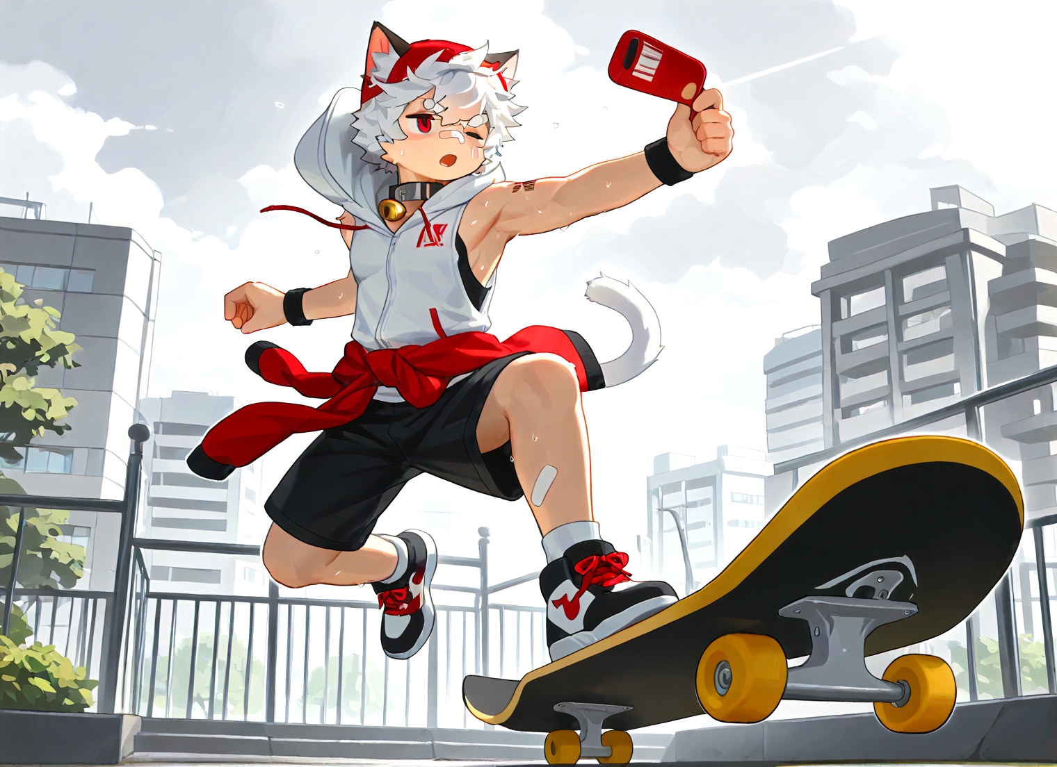 (artist:beitemian:0.67),(artist:rinotuna:0.93),masterpiece,best quality,very aesthetic,high resolution,ultra-detailed,absurdres,newest,scenery,1boy,male,solo,tsuguxl,red eyes,wristband,(((sleeveless hoodie,hood up),baseball cap,clothes_around_waist,shorts),bodysuit,red cap),white_hoodie,((one eye half-closed)),concentrating,open mouth,skateboarding,muscles,big pecs,pectorals,vein,sweat,sweatdrop,outside,park,cloudy sky BREAK depth of field,masterpiece,best quality,scenery,volumetric lighting,body fur,furry,emotionless eyes,white fur,cat boy,white hair,Right mid length drooping frontal hair,(Asymmetric hair on the temples:1.2),Expose left shoulder,wristband,thick eyebrows,barcode tattoo,bell on collar,Collar,Cortical collar,Large collar,white hair,bandage on nose,bandage on leg,<lora:影灵:0.25>,