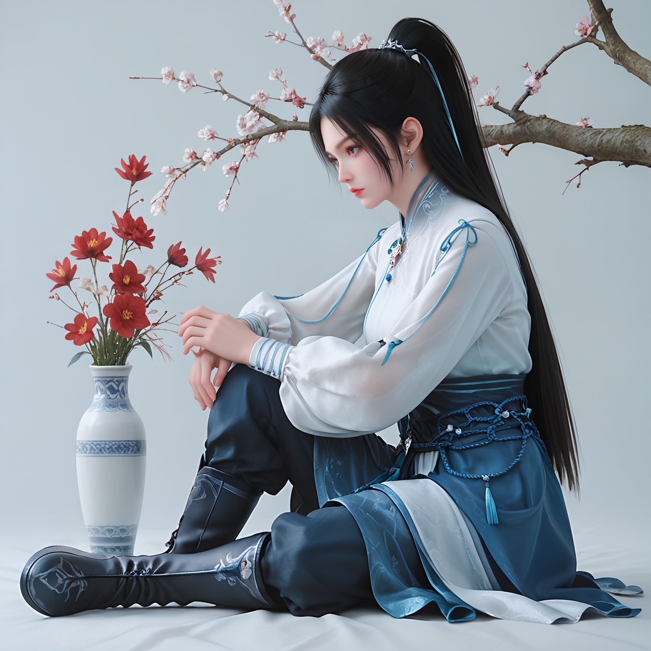 score_9,score_8_up,score_7_up,score_6_up,best quality,detailed clothes,masterpiece,8k,simple background,sfw,rim light,perfect hands,<lora:宁姚白衣2-剑来-Pony:0.8>,ningyao,1girl,solo,ponytail,dress,closed mouth,expressionless,looking at viewer,branch,red flower,sitting,vase,from side,boots,full body,