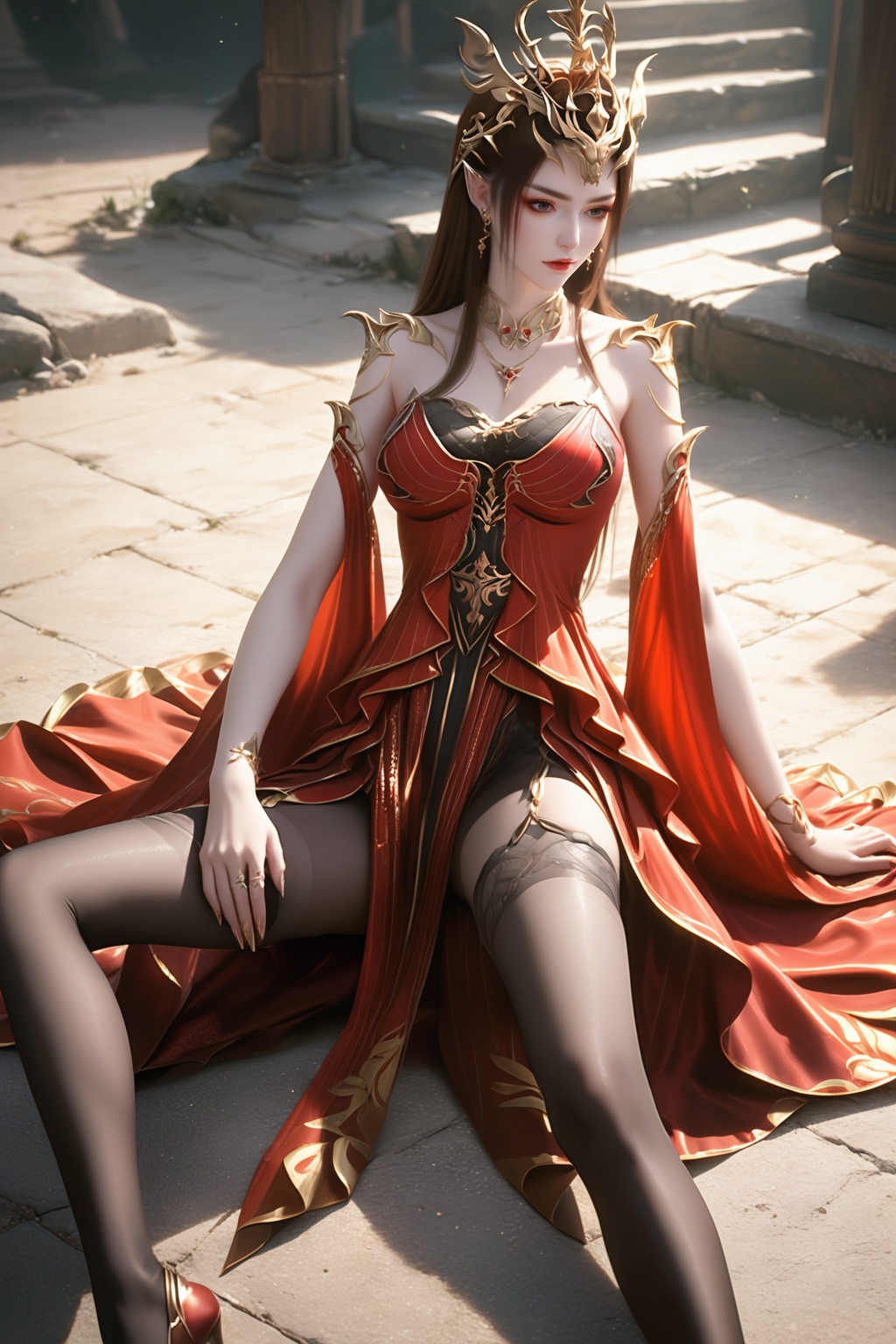 XUER gufeng,<lora:【风格滤镜】绪儿唯美古风_V1:0.2>,1girl,solo,dress,long hair,breast,hair_ornament,earrings,bare shoulders,on_ground,sitting,(spread legs:1.1),red dress,brown hair,crown,jewelry,<lora:wy_meidusha_XL1.0:0.8>,black stockings,black tights,, score_9,score_8_up,score_7_up,score_6_up,score_5_up,score_4_up,