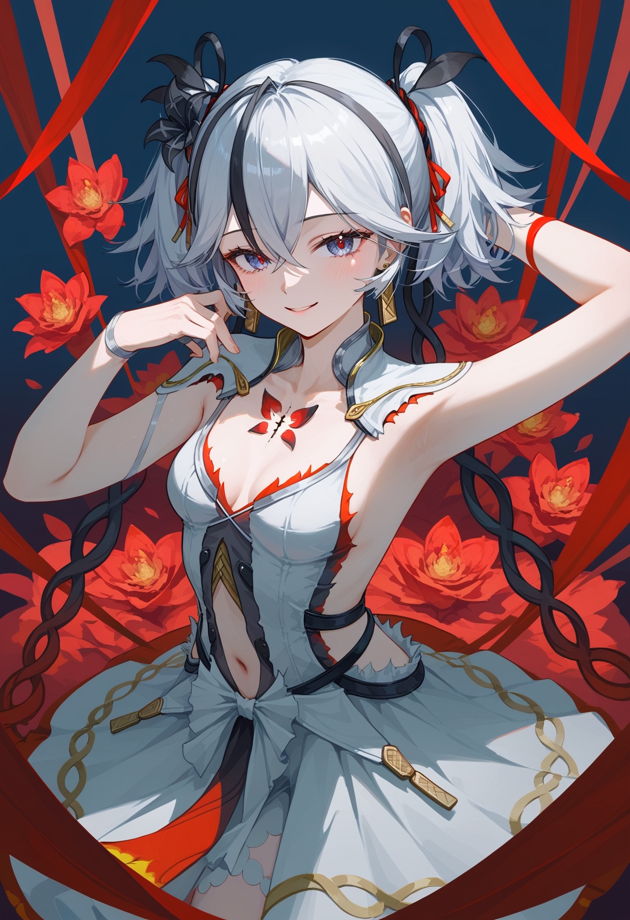<lora:椿2pony:1>,mcchun,a girl named mcchun,1girl,looking at viewer,twintails,smile,white dress,cleavage,navel,earrings,armpits,red flower,collarbone,dress,ribbon,, (score_9,score_8_up,score_7_up),(masterpiece,best quality,high quality:1.2),absurdres, prefect lighting, very aesthetic, anime BREAK