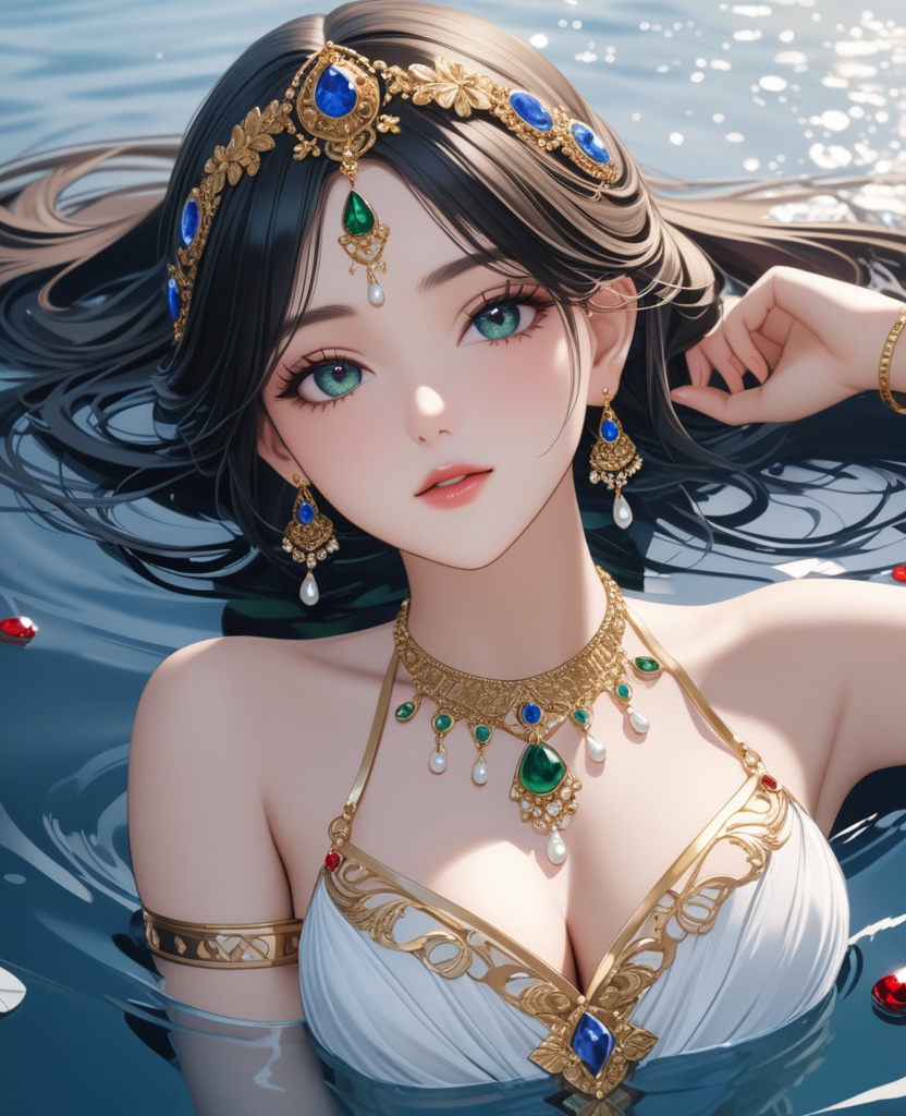 (,1girl, ,best quality, ),looking at viewer,masterpiece, ((((1girl, solo, , ,solo focus, lying on water, )))) (cleavage), (), ,ultra realistic 8k cg,   clean, masterpiece,     (( , )),,  , unreal, science fiction, luxury, jewelry, diamond, gold, pearl, gem, sapphire, ruby, emerald, intricate detail, delicate pattern, charming, alluring, seductive, erotic, enchanting, hair ornament, necklace, earrings, bracelet, armlet,halo,(cleavage),, (),