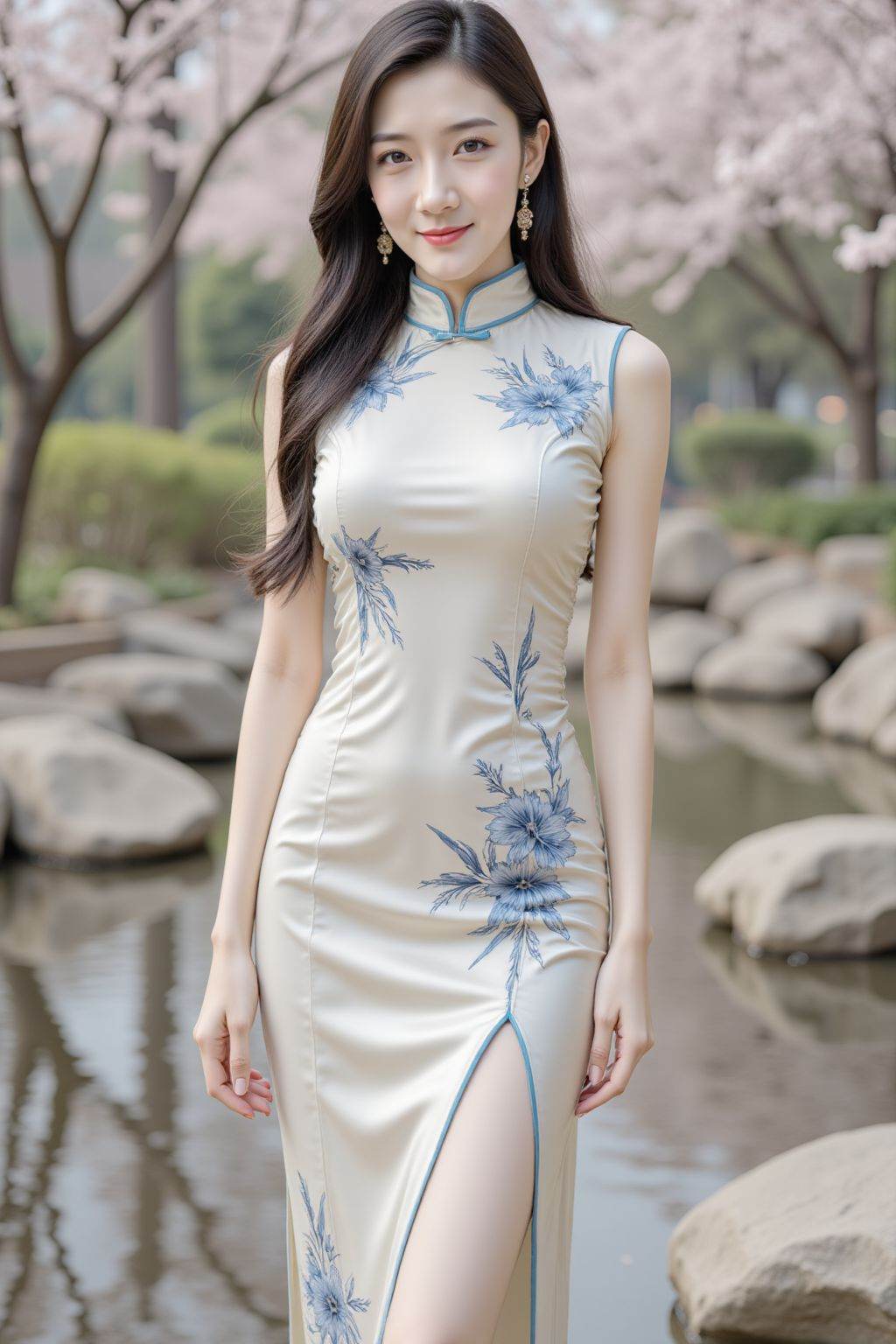 This photograph features an Asian woman with fair skin, long black hair, and red lipstick. She is wearing a form-fitting, cream-colored cheongsam dress with blue floral patterns and a high slit, accentuating her slim figure. The dress has a traditional Chinese collar. She stands outdoors near a pond with rocks and cherry blossom trees in the background, suggesting a serene garden setting. The image is crisp and well-lit, capturing the delicate details of the fabric and the natural beauty of the surroundings.