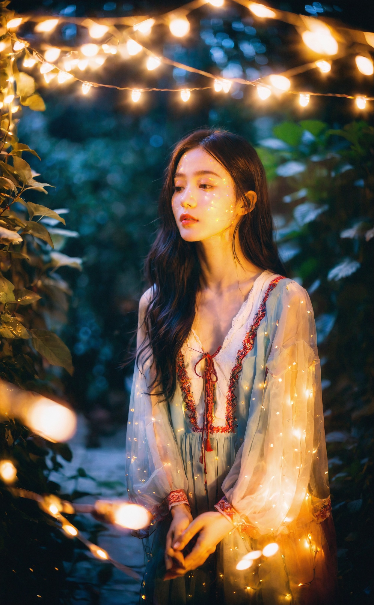 mugglelight,a woman in a bohemian dress,surrounded by fairy lights in a dimly lit garden,ethereal ambiance,magical glow,dreamy expression,enchanting evening.,korean girl,black hair