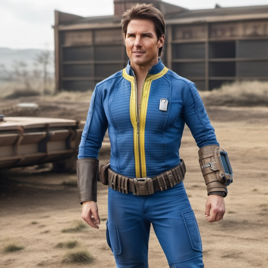 Dystopian style full body tom cruise wears a blue and yellow outfit,  a computer wrist,  a belt on Tensor.Art