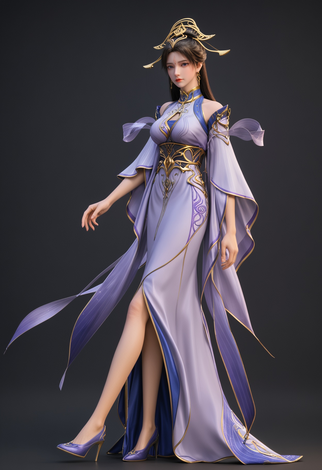 (cowboy shot:1.2),score_9,score_8_up,masterpiece,(best quality),intricate details,facing viewer,(looking at viewer:1.1),<lora:YQ_pony_chuxuaner_fuzhaung4_V4:0.8>,q1528437228,1girl,solo,long hair,hair ornament,jewelry,earrings,black hair,dress,forehead mark,blue eyes,brown hair,detached sleeves,hair bun,chinese clothes,sash,wide sleeves,high heels,pantyhose,ponytail,long sleeves,shoes,black pantyhose,purple eyes,stiletto heels,blue footwear,BREAK(score_9:1.2),(score_8_up:1.2),masterpiece,best quality,very aesthetic,perfect anatomy,(hourglass),perfect face,(simple background,pure black background,black background:1.1),fair_skin,(shiny_skin:1.1),Ivory_skin,