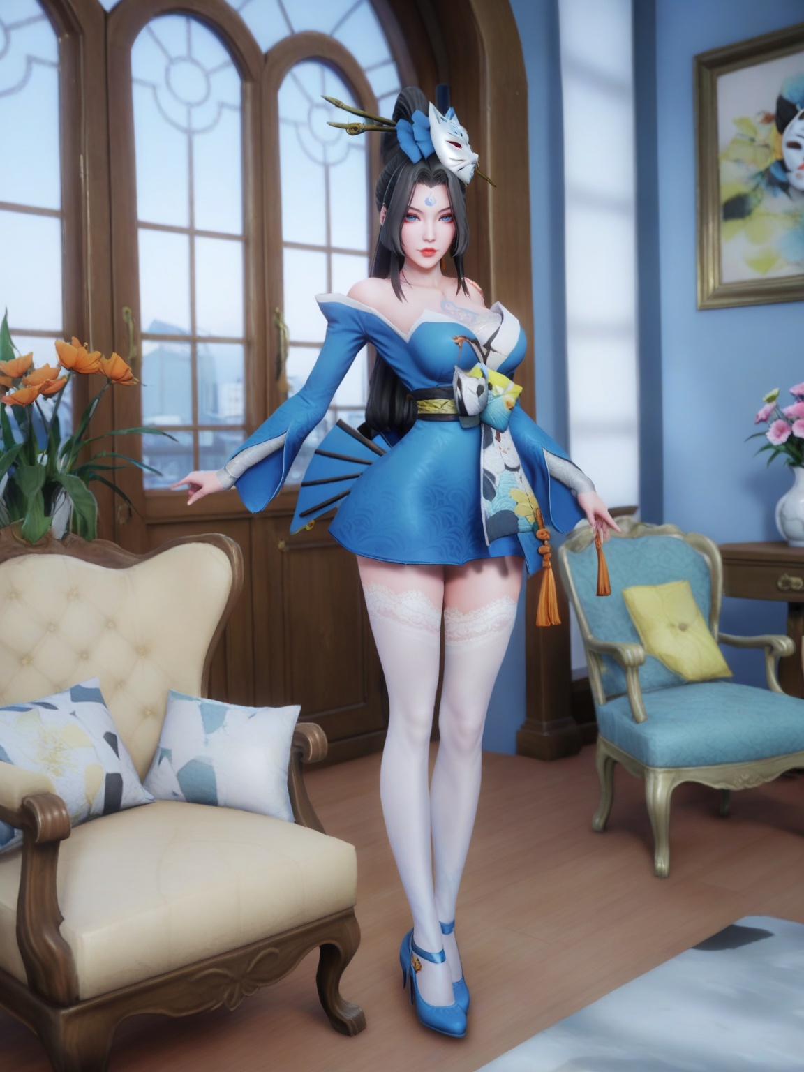 score_9,<lora:SF_MeiYu_Pony_Realism2.3-000004:0.7>,1girl,SFMeiYu,solo,breasts,looking at viewer,dress,hair ornament,black hair,forehead mark,lipstick,makeup,eyelashes,eyeshadow,fox mask,lace-trimmed legwear,mask on head,thighhighs,standing,blue footwear,white thighhighs,chair,window,indoors,flower flower pot,