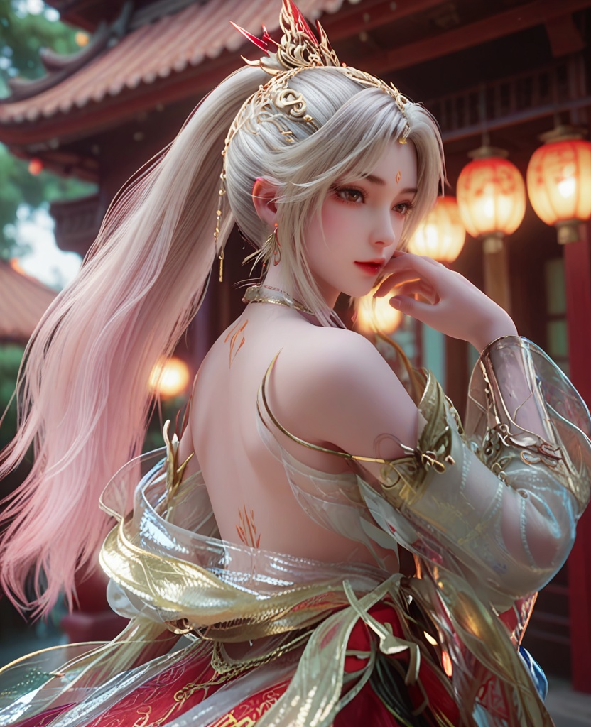 (oriental architecture, elegant decor, sophisticated style:1.1),horns pose,(breasts:1.2),<lora:XL完美世界剧版火灵儿浴火妆:0.95>,a silver haired girl,solo,red backless dress,silver gradient pink ponytail,collar,see-through shawl,earrings,forehead mark,see-through trim,clavicle tattoo,jewelry,hair ornament,, zPDXL2, score_9, score_8_up, score_7_up BREAK realistic, masterpiece,best quality, highly detailed,, zPDXL3, zPDXL2,zPDXL, zPDXLxxx, zPDXLrl,