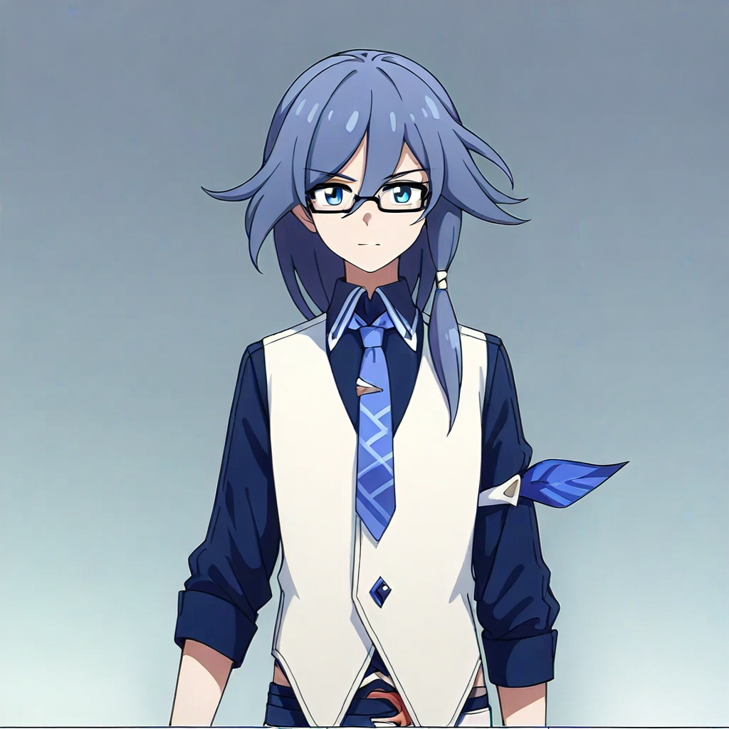 artist:baiyedonghua, baiyedonghua_styleblack hair, black shirt, blue eyes, blue necktie, blue shirt, fu hua, long hair, long sleeves, necktie, ponytail, vest, white vest<lora:baiyegai-lii:0.8>