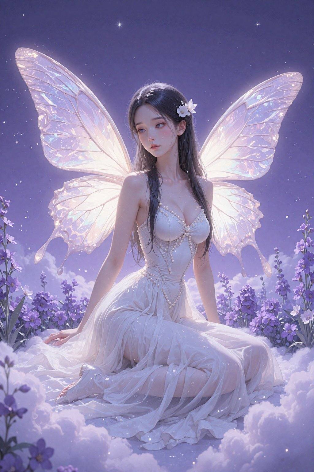 Create an ethereal scene featuring a serene female figure with enchanting butterfly wings that glow in soft pastel hues. S...
