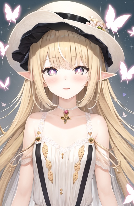 illustration,butterfly,bug,1girl,flower,long hair,hat,<lora:幻想童话插画风格_epoch_1:0.7>,light_blush,elf ears,multicolored eyes,sparkling eyes,small_breasts,blonde hair,heart-shaped_pupils,