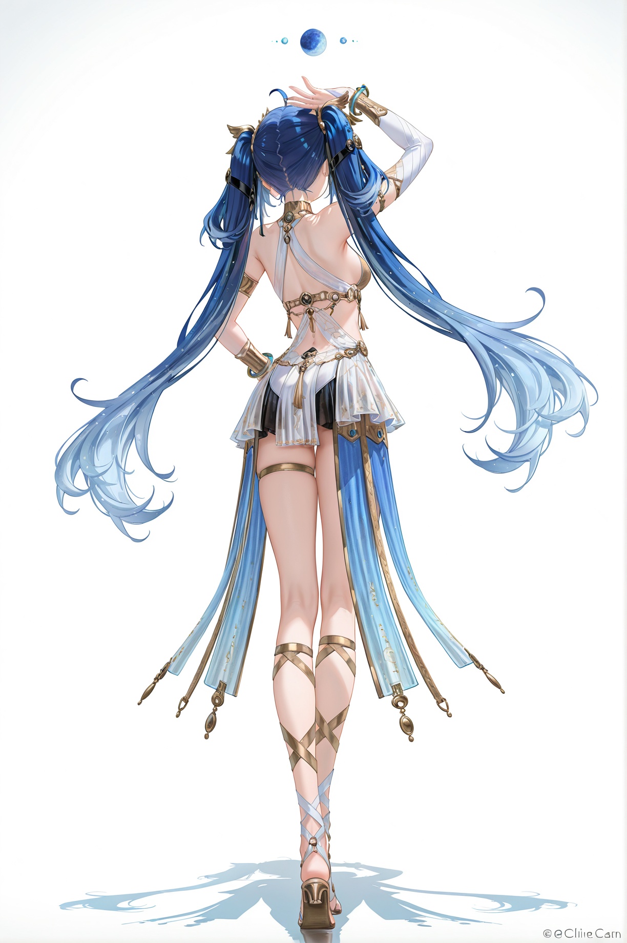 8k,best quality,masterpiece,(ultra-detailed),(high detailed skin),((artist:reoen),(artist:fuzichoco),(artist:atdan),(artist:torino_aqua),year 2024:0.8)1girl,[artist:wlop],[artist:ningen_mame],artist:ciloranko,[[artist:rhasta]],artist:tidsean,colorful,jijia,2d,ambient light,full body,full shot,standing,back,from behind,(solo:1.2),simple background,(white background:1.2),hand on own hip,(white background:1.1),<lora:Luno-ill-Tanger:0.8>,Luno \(Wuthering Waves\),clothes: Lunodef Exotic white dance costume,1girl,breasts,blue eyes,long hair,blue hair,twintails,Lunodef gladiator sandals,Lunodef dress,bracelet,armpits,jewelry,