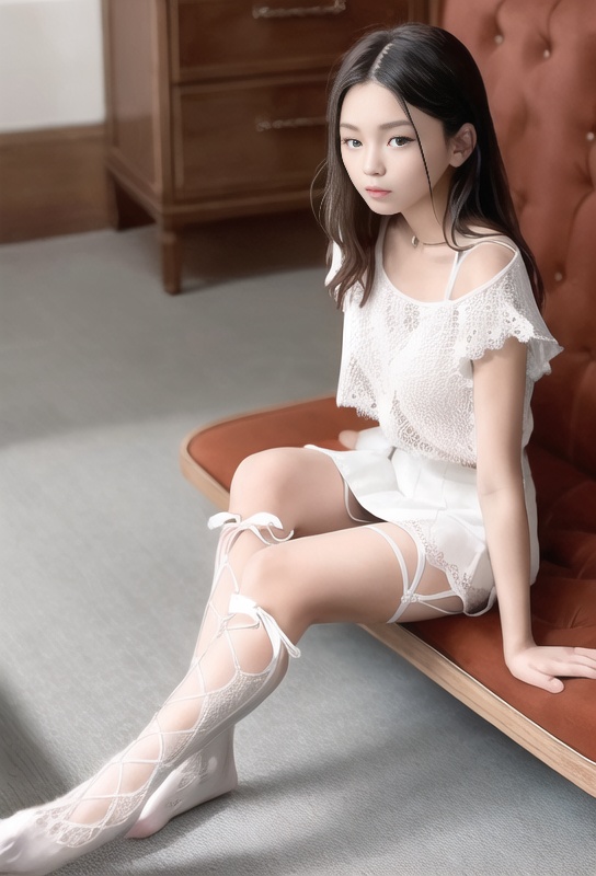 1girl, lace-up socks,white,no shoes,skirt,sitting,indoors,<lora:laceupsocks2.0:0.8> 