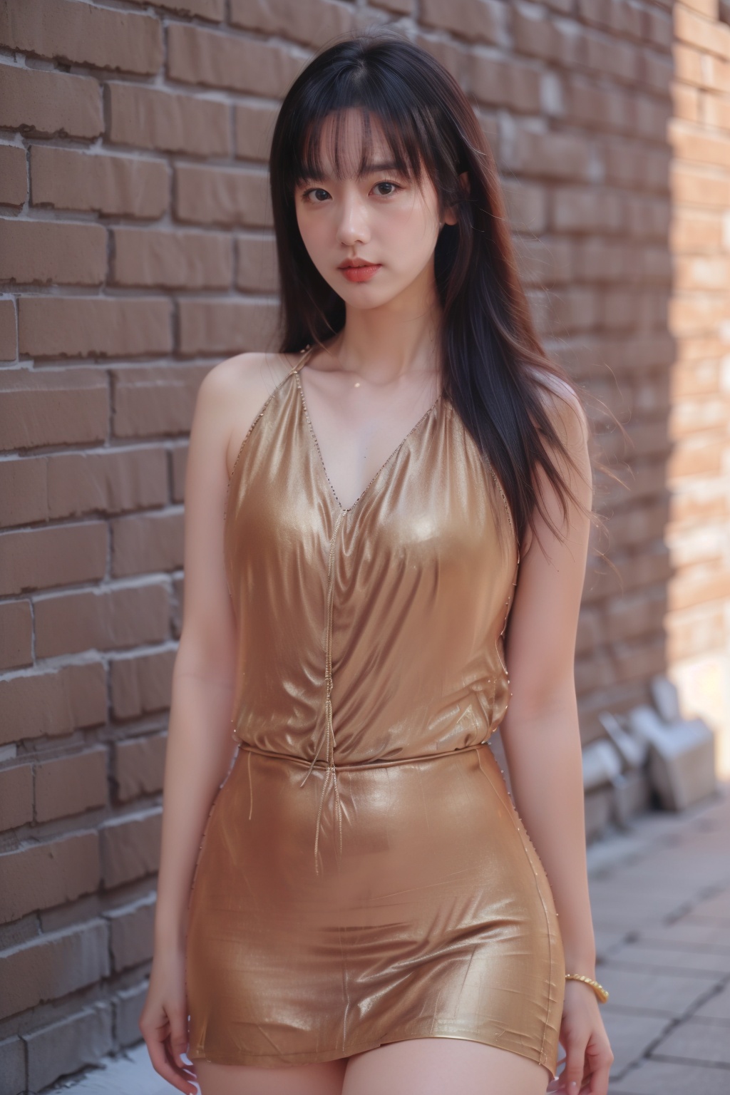 Realistic,(masterpiece:1.2),best quality,8K,HDR,RAW,depth of field,blurry,1girl, ((solo)), large breasts, long hair, ((brick wall background, standing)),(looking at viewer),<lora:add_detail:0.6>,<lora:GoodHands-vanilla:1>,  <lora:ENNE 金色短裙_v07:1> ,gold dress,miniskirt,