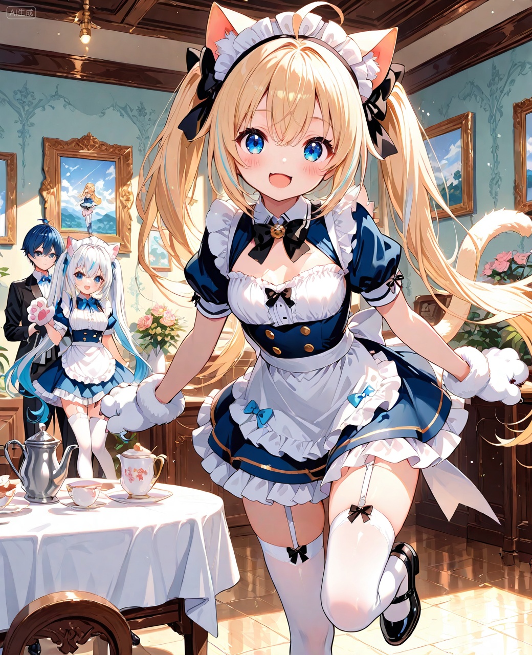 O,animal hands,paw gloves,black footwear,thighhighs,blue eyes,long hair,dress,gloves,apron,animal ears,multiple girls,blonde hair,maid headdress,smile,white hair,multicolored hair,ahoge,shoes,bow,frills,indoors,garter straps,short sleeves,twintails,white apron,maid,streaked hair,looking at viewer,black bow,blue hair,cat ears,puffy sleeves,open mouth,standing,bag,1boy,puffy short sleeves,2girls,bangs,flower,blue dress,very long hair,blush,white thighhighs,frilled dress,frilled apron,jacket,standing on one leg,:d,hair between eyes,table,breasts,hair bow,white gloves,maid apron,painting (object),waist apron,, Negative prompt: ((nsfw)),sketches,tattoo,(beard:1.3),(EasyNegative:1.3),badhandv4,(Teeth:1.3),(worst quality:2),(low quality:2),(normal quality:2),lowers,normal quality,facing away,looking away,text,error,extradigit,fewerdigits,cropped,jpegartifacts,signature,watermark,username,blurry,skinspots,acnes,skinblemishes,badanatomy,fat,bad feet,cropped,poorly drawn hands,poorly drawn face,mutation,deformed,tilted head.bad anatomy.bad hands,extra fingers,fewer digits.,extra limbs.extra arms,extra legs,malformed limbs.fused fingers.,too many fingers,long neck,cross-eyed,mutated hands,bad body,bad proportions,gross proportions,text,error,missing fingers,missing arms,missing legs,extra digit,extra arms,extra leg,extra foot,missing fingers,nsfw,,nsfw, Steps: 25, Sampler: DPM++ 2M Karras, CFG scale: 7.0, Image CFG scale: 1.5, Seed: 1667727876, Size: 1040x1280, Model hash: 9fefdb2c24, Model: 我大多数_1.0.safetensors, Denoising strength: 0.4, Clip skip: 2, RNG: CPU, Mask blur: 4, Lora 1: 动漫二次元眼睛刻画（基础XL）, Lora Hash 1: 488bf17588, Lora Weight 1: 0.8, Lora 2: 二次元厚涂风格模型, Lora Hash 2: 571eba0c12, Lora Weight 2: 0.6, Lora 3: 二次元动漫细节加强, Lora Hash 3: 600d97257e, Lora Weight 3: 0.3, Lora 4: Xian-T手部修复lora（不用controlnet也不坏手了）, Lora Hash 4: 4ec9e988a2, Lora Weight 4: 1.0, Lora 5: 润光A, Lora Hash 5: 93bf4ab238, Lora Weight 5: 0.2, vae_name: automatic