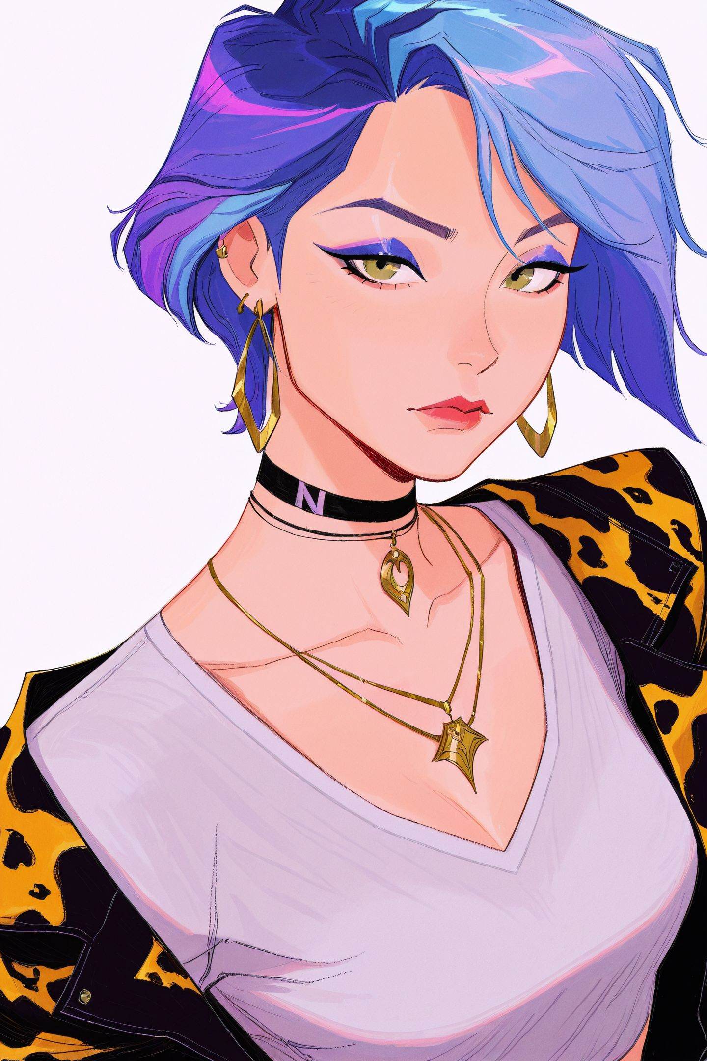 ami thompson Style,solo,jewelry,earrings,1girl,jacket,shirt,blue hair,white background,white shirt,multicolored hair,black jacket,looking at viewer,necklace,short hair,simple background,upper body,makeup,collarbone,red lips,choker,purple hair,closed mouth,alternate costume,eyeshadow,animal print,<lora:ami thompson_illustriousXL:1>,