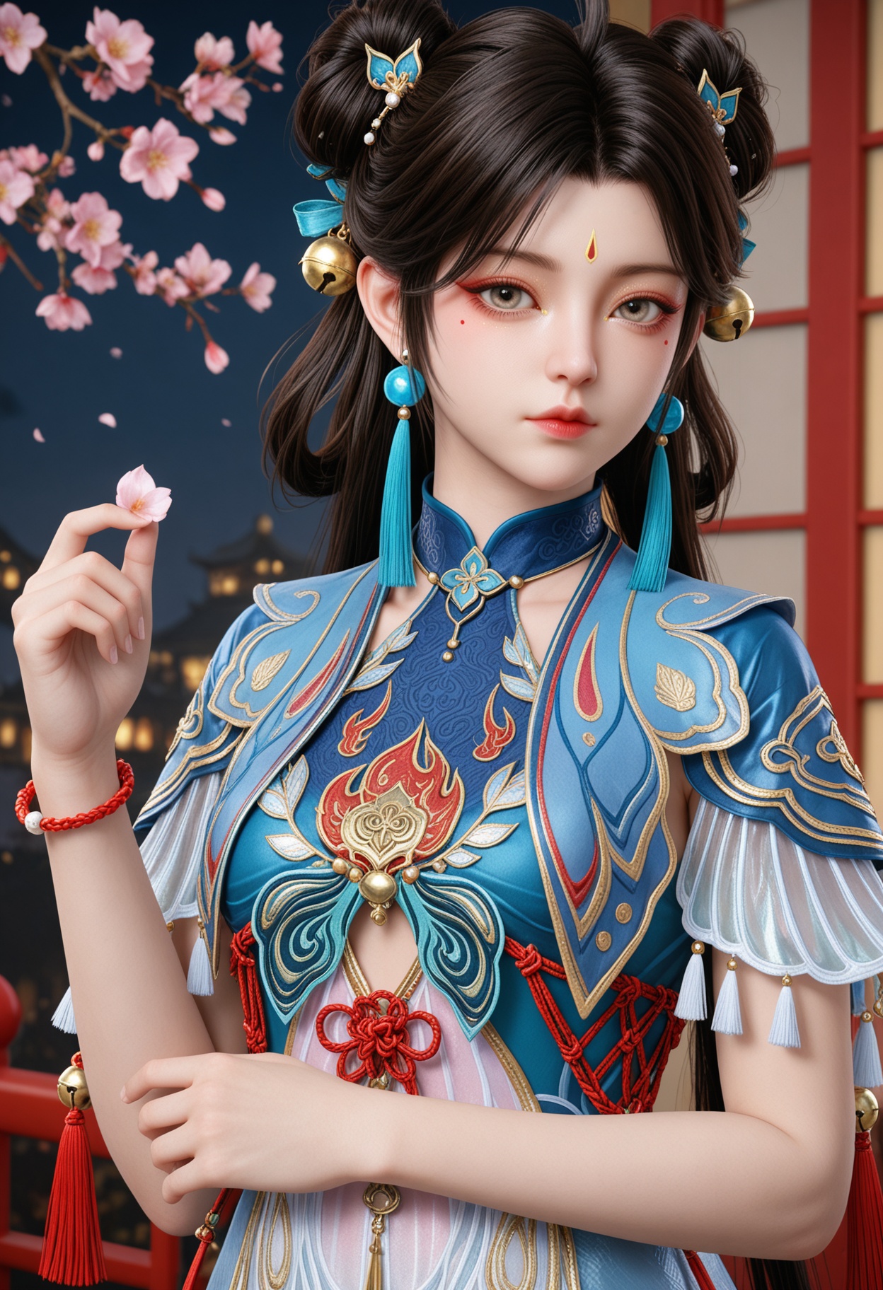 (upper_body:1.2),(looking at viewer:1.1),masterpiece,(best quality),smog,Dark room,dim lighting,peach blossom,falling petals,<lora:YQ_Illustrious光辉v5_蓝梦_V1:0.8>,q1528437228,1girl,solo,jewelry,black hair,dress,hair ornament,earrings,long hair,hair bun,chinese clothes,double bun,tassel,blue dress,facial mark,forehead mark,bell,bracelet,short sleeves,mole under eye,brown hair,grey eyes,beads,shoes,ahoge,hair rings,brown eyes,white footwear,china dress,hair bell,braid,jingle bell,sandals,