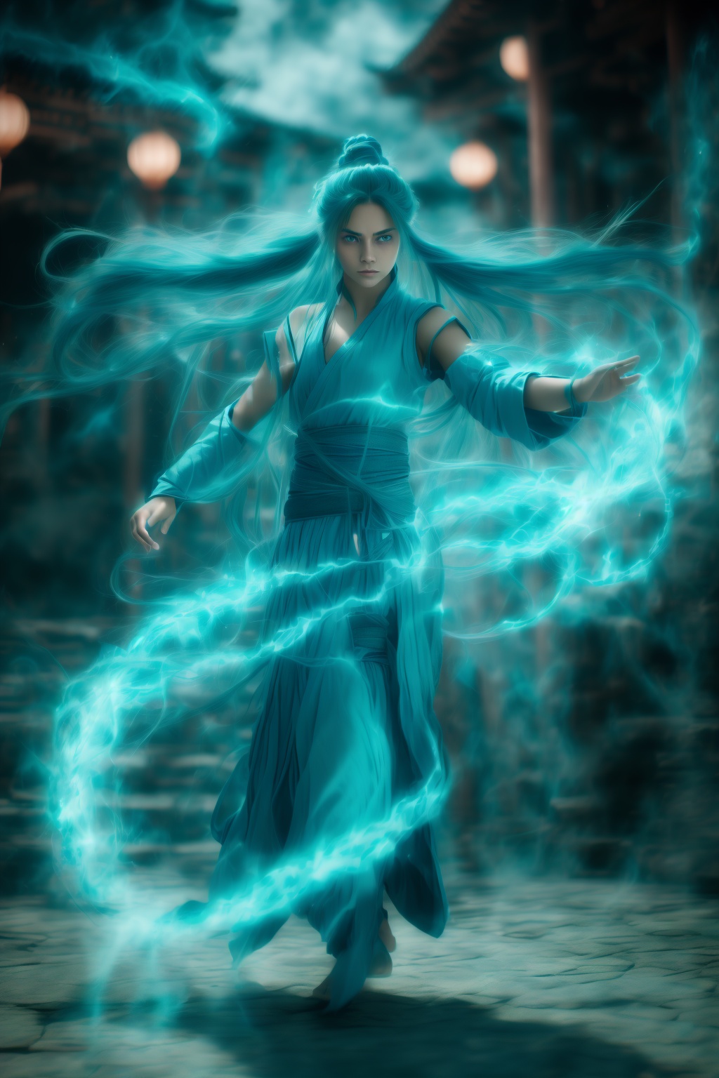 fighting stance,dancing,ancient-costume,cyan-aura,using cyan-magic,cyan-magic,1girl,solo,long hair,blue eyes,<lora:magic_fighting_cyan_512_15:0.8>,