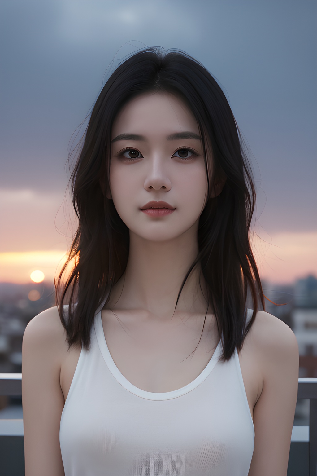 <lora:0809_01:0.7>,Frontal photography,Look front,evening,dark clouds,the setting sun,On the city rooftop,A 20 year old female,Black top,Black Leggings,black hair,long hair,dark theme,muted tones,pastel colors,high contrast,(natural skin texture, A dim light, high clarity) ((sky background))((Facial highlights)),, 1girl,realistic,masterpiece, best quality, photorealistic, HDR,detail